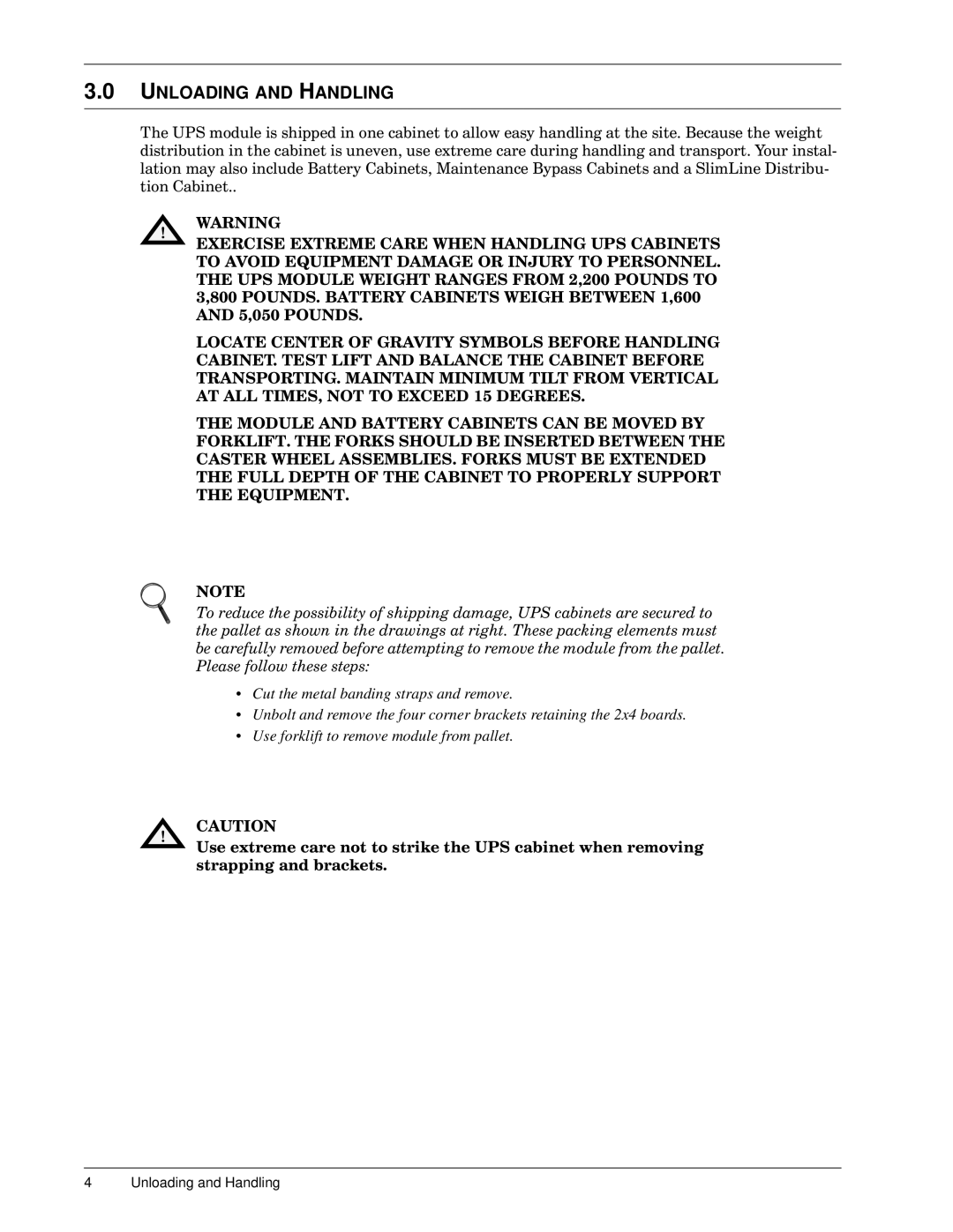 Emerson 30-130 kVA installation manual Unloading and Handling 