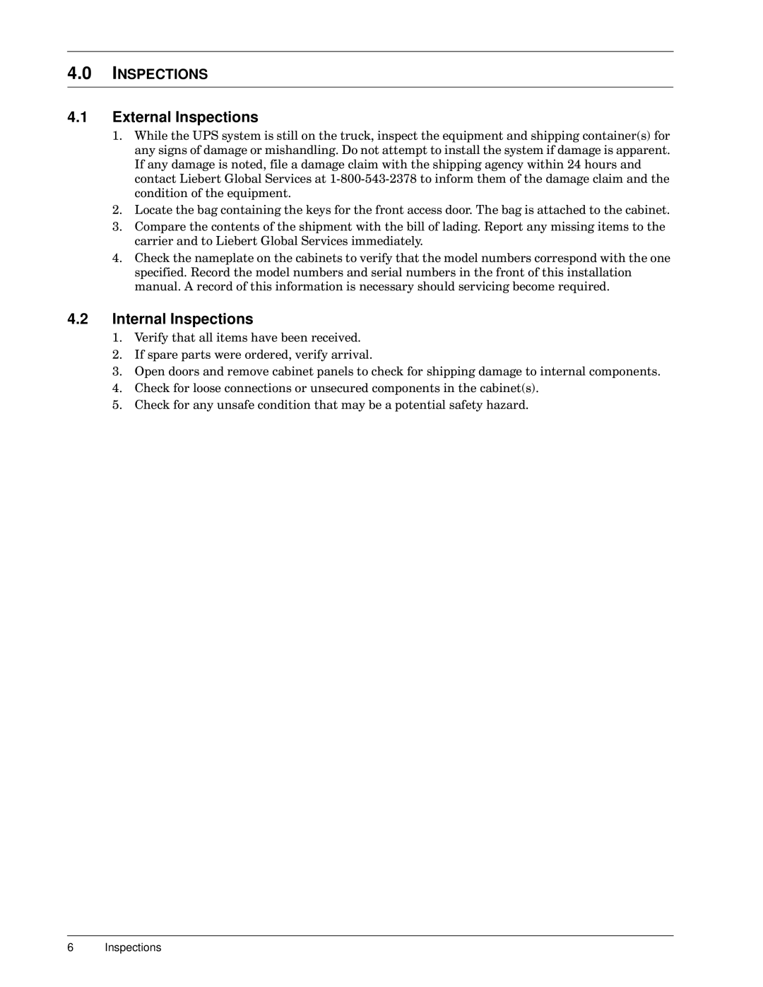 Emerson 30-130 kVA installation manual External Inspections, Internal Inspections 