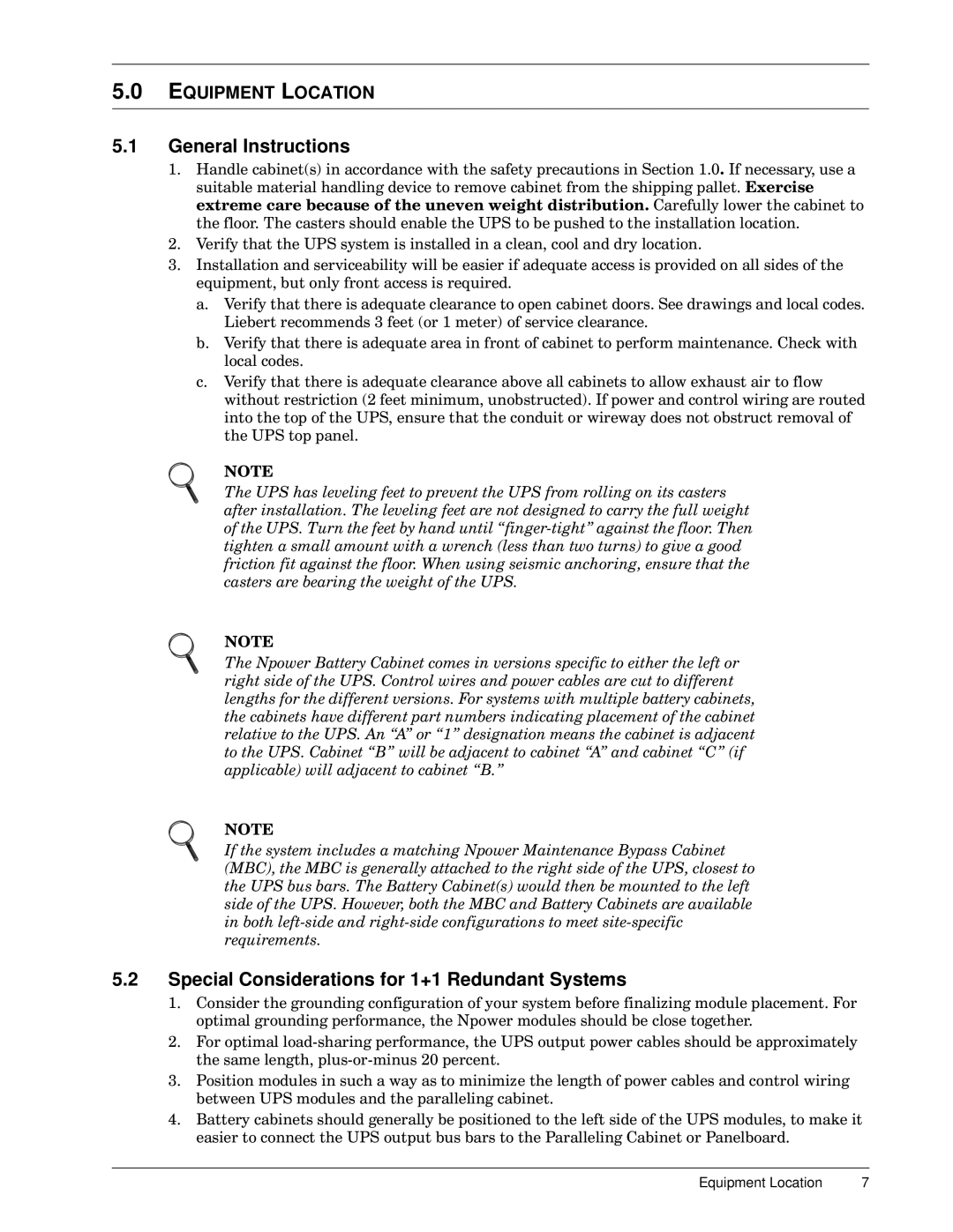 Emerson 30-130 kVA General Instructions, Special Considerations for 1+1 Redundant Systems, Equipment Location 