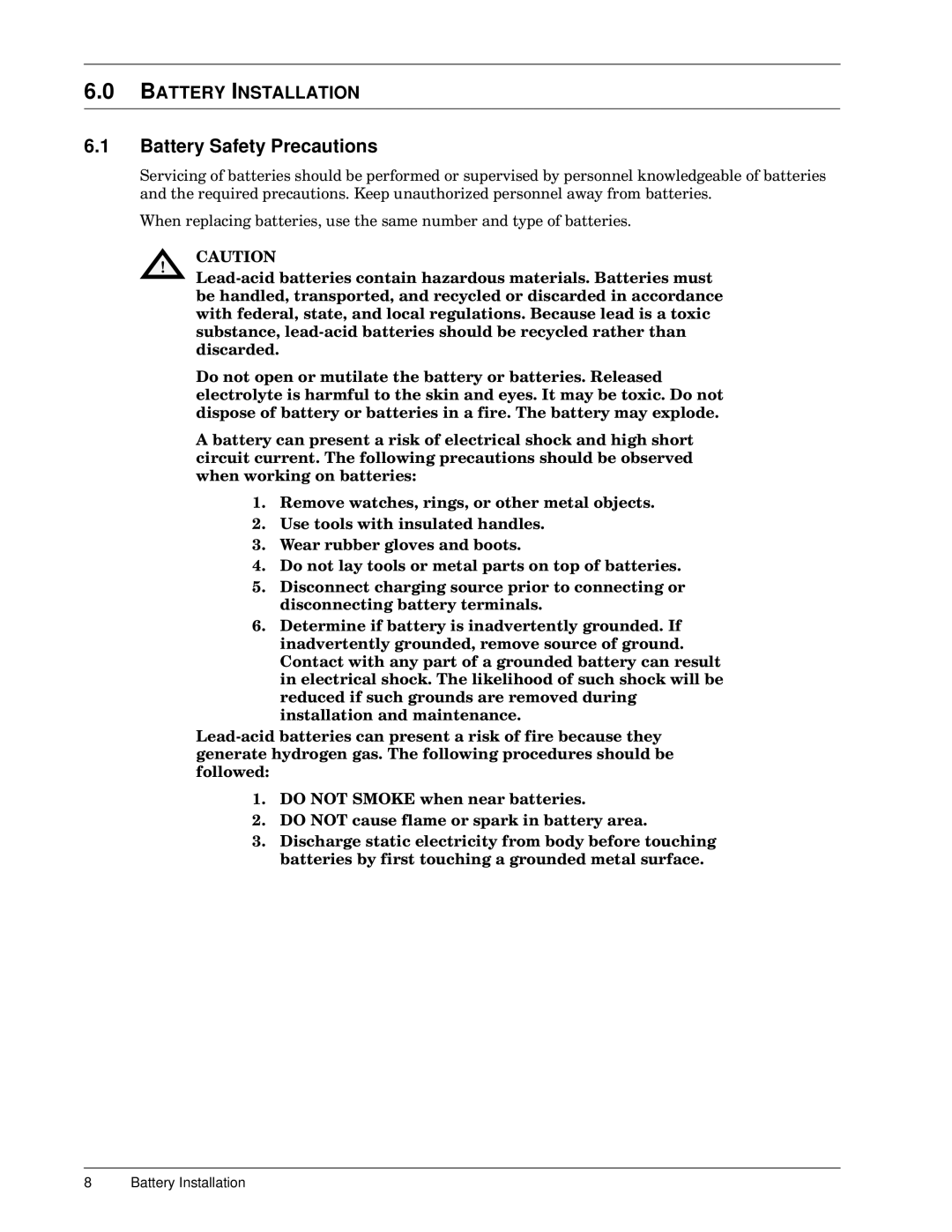 Emerson 30-130 kVA installation manual Battery Safety Precautions, Battery Installation 