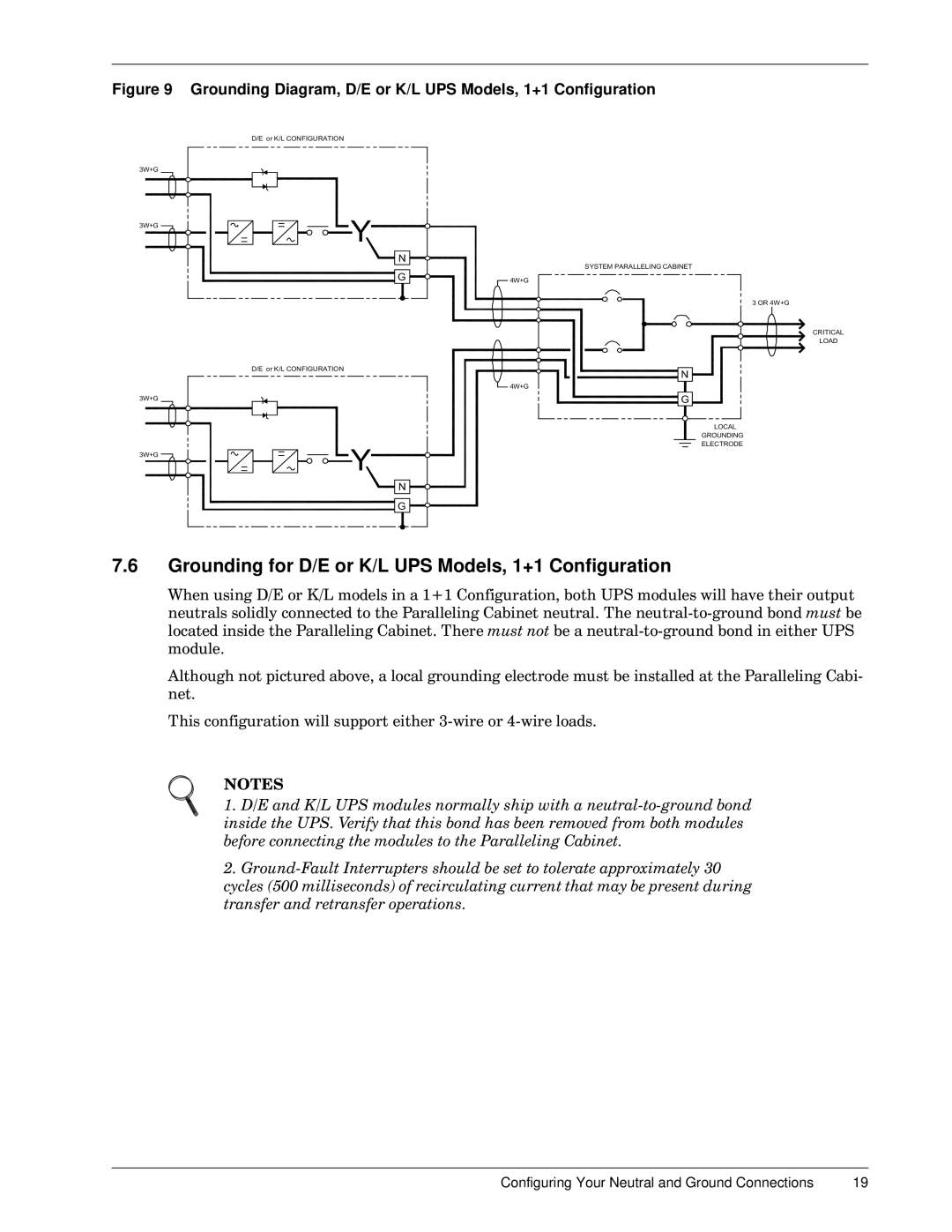 Emerson 30-130 kVA installation manual Grounding for D/E or K/L UPS Models, 1+1 Configuration 