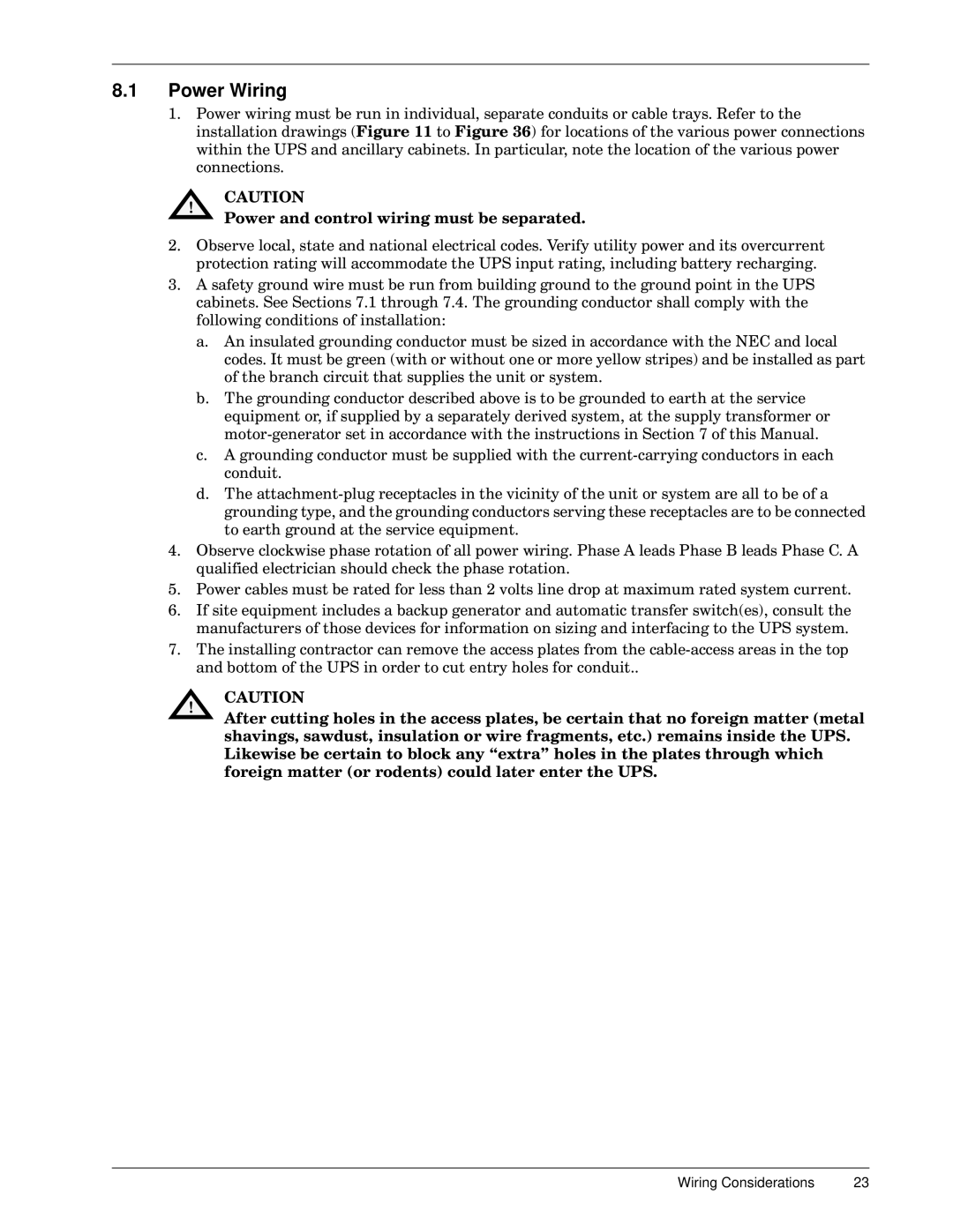 Emerson 30-130 kVA installation manual Power Wiring, 3RZHUDQGFRQWUROZLULQJPXVWEHVHSDUDWHG 