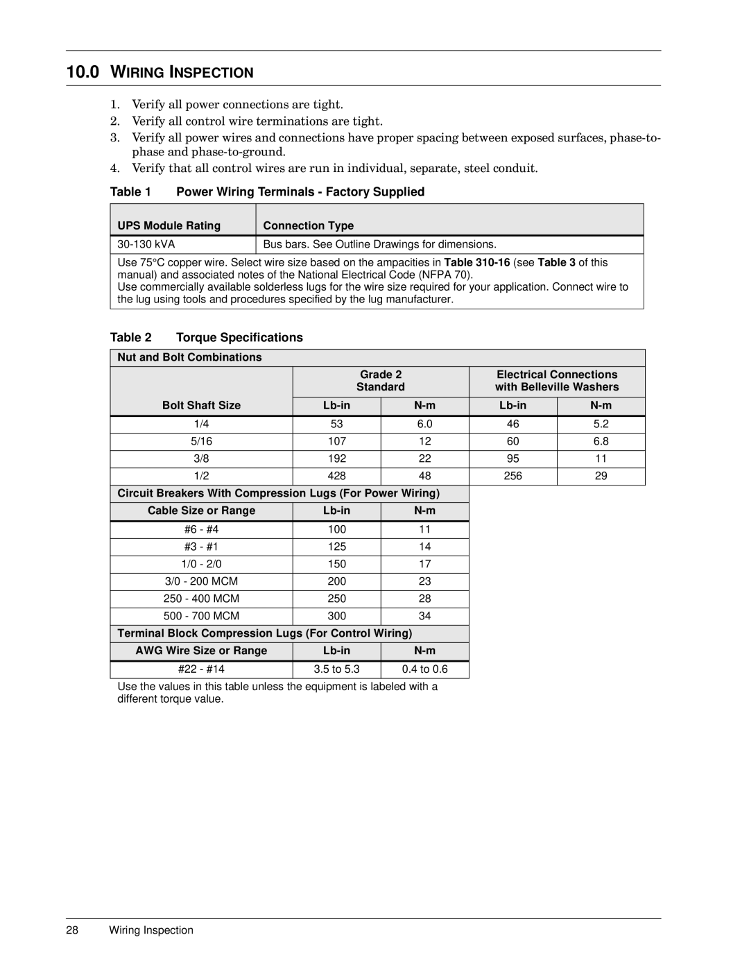 Emerson 30-130 kVA installation manual Wiring Inspection, Power Wiring Terminals Factory Supplied 