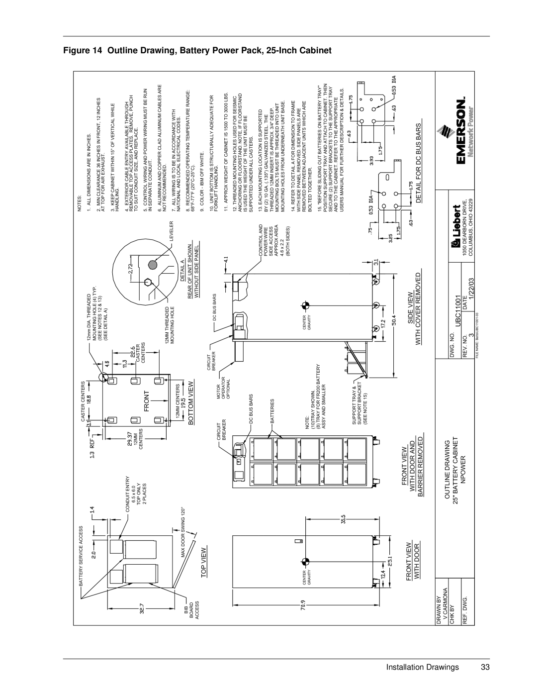 Emerson 30-130 kVA installation manual Battery Power Pack, 25-Inch Cabinet 