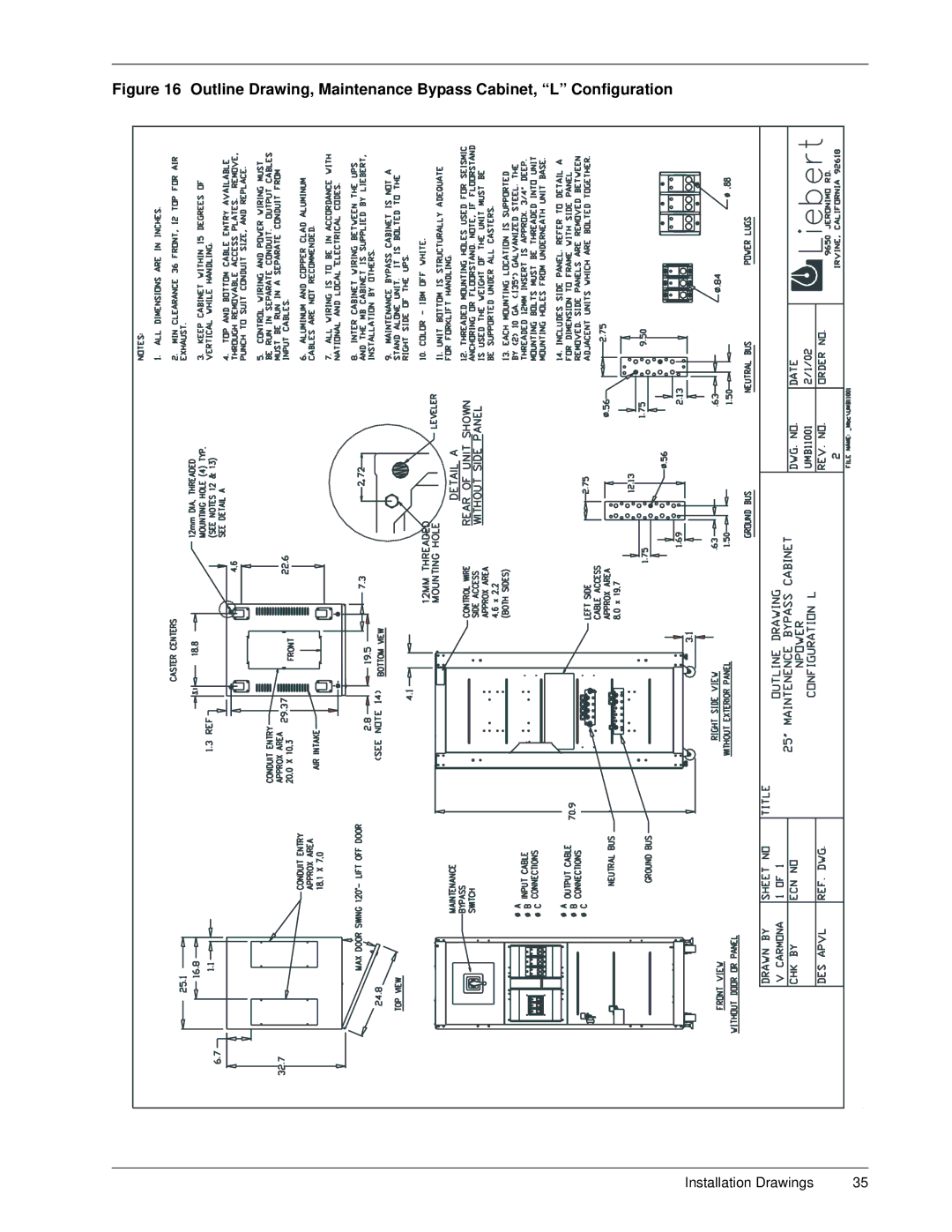 Emerson 30-130 kVA installation manual Outline Drawing, Maintenance Bypass Cabinet, L Configuration 