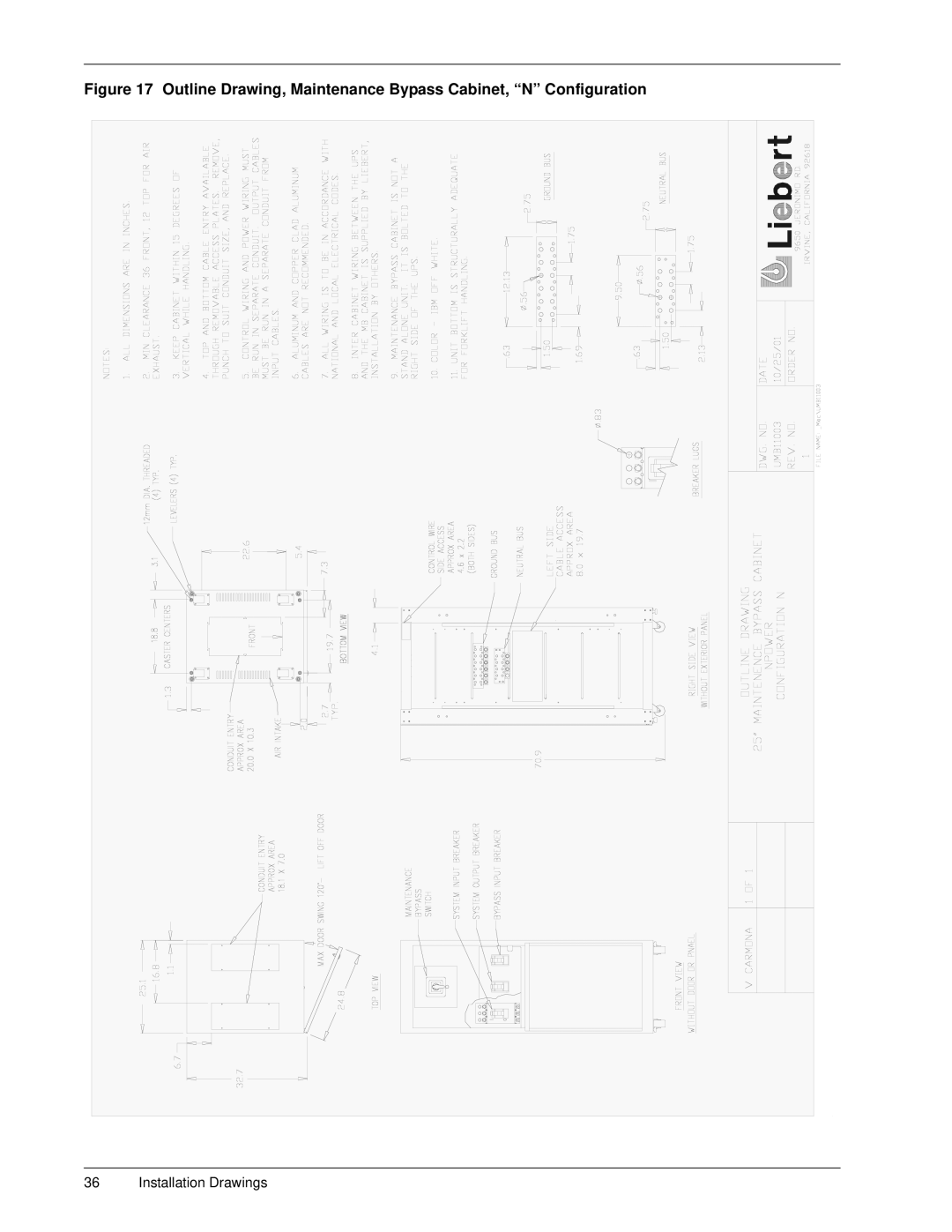 Emerson 30-130 kVA installation manual Outline Drawing, Maintenance Bypass Cabinet, N Configuration 