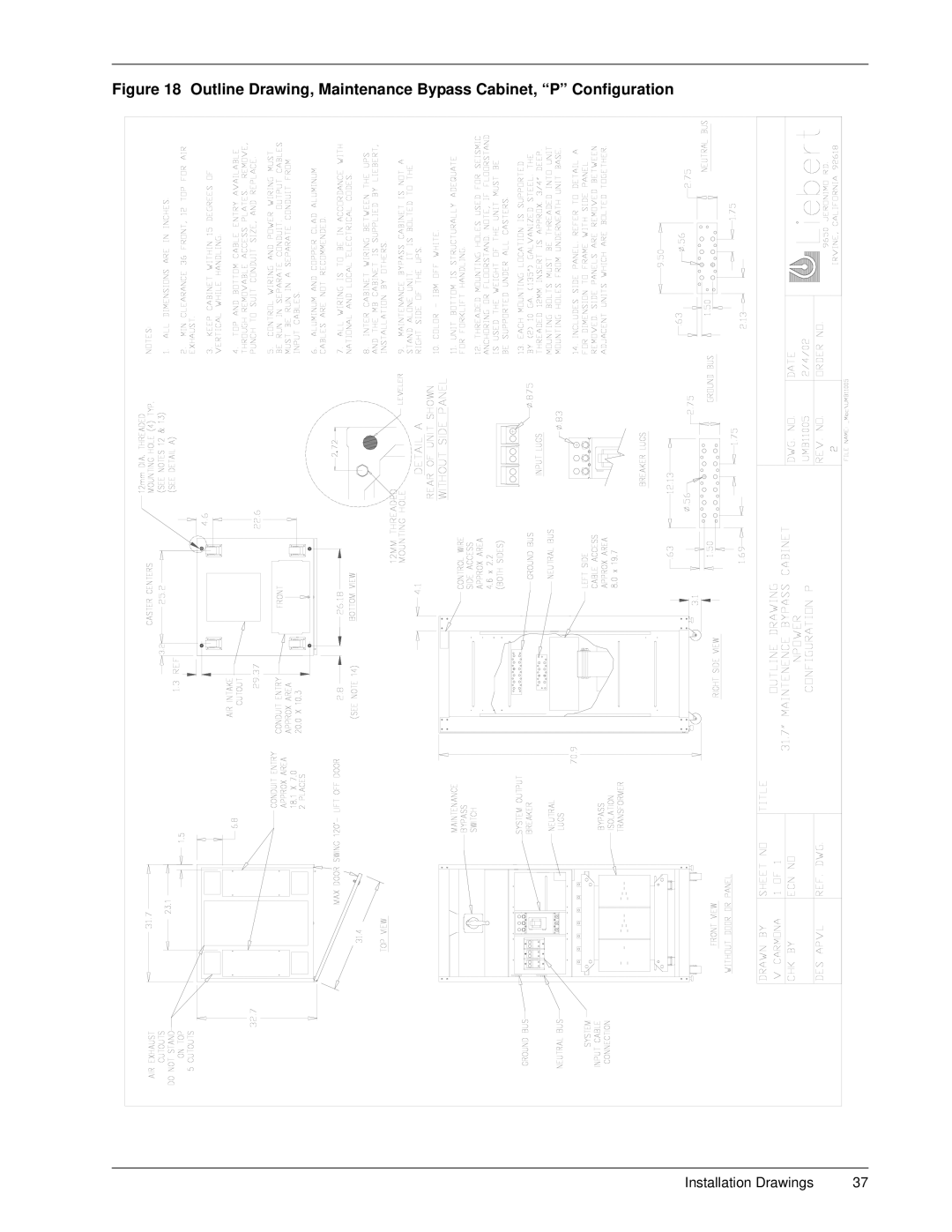 Emerson 30-130 kVA installation manual Outline Drawing, Maintenance Bypass Cabinet, P Configuration 