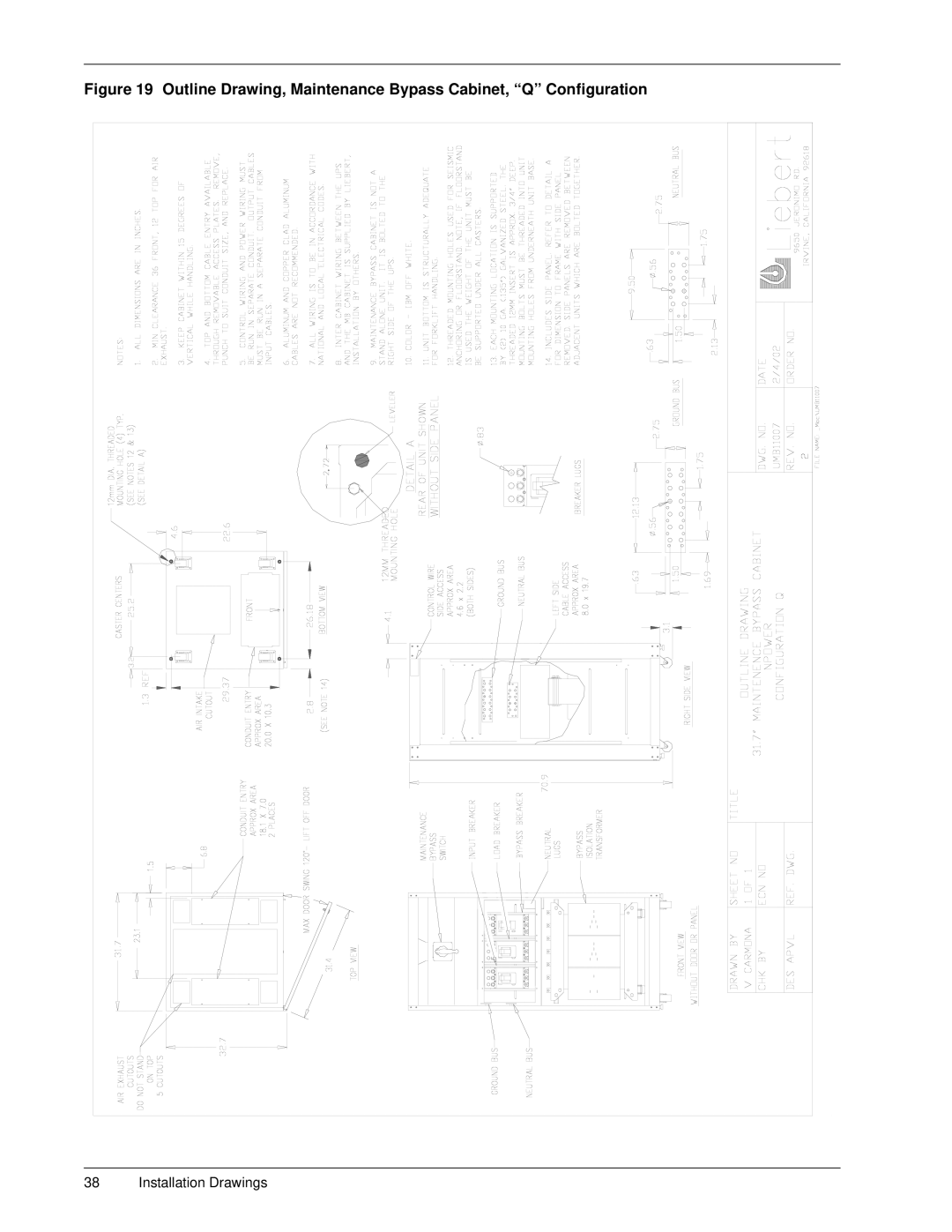 Emerson 30-130 kVA installation manual Outline Drawing, Maintenance Bypass Cabinet, Q Configuration 