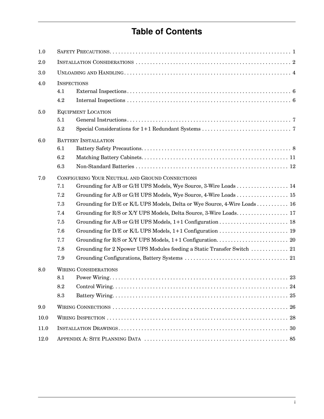 Emerson 30-130 kVA installation manual Table of Contents 