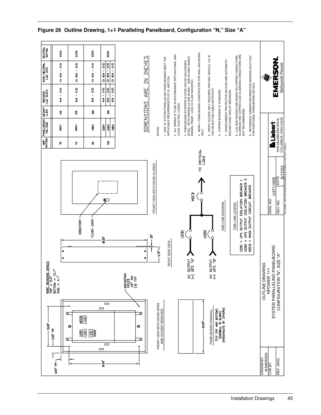 Emerson 30-130 kVA installation manual Outline Drawing, 1+1 Paralleling Panelboard, Configuration N 