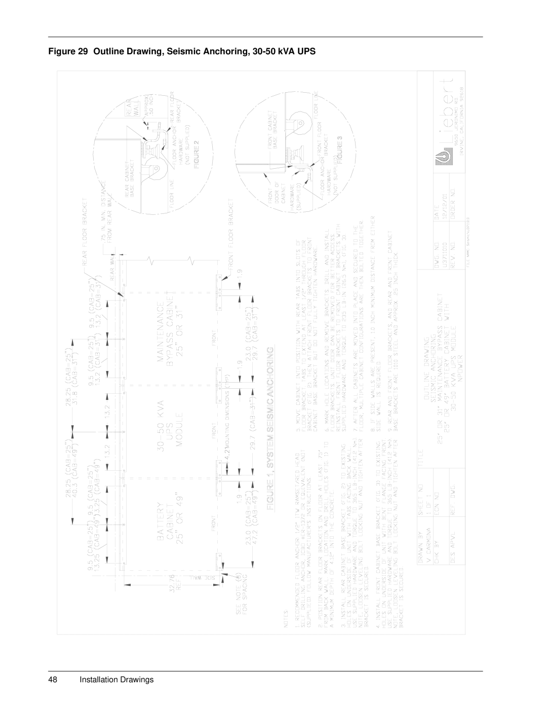 Emerson 30-130 kVA installation manual Outline Drawing, Seismic Anchoring, 30-50 kVA UPS 