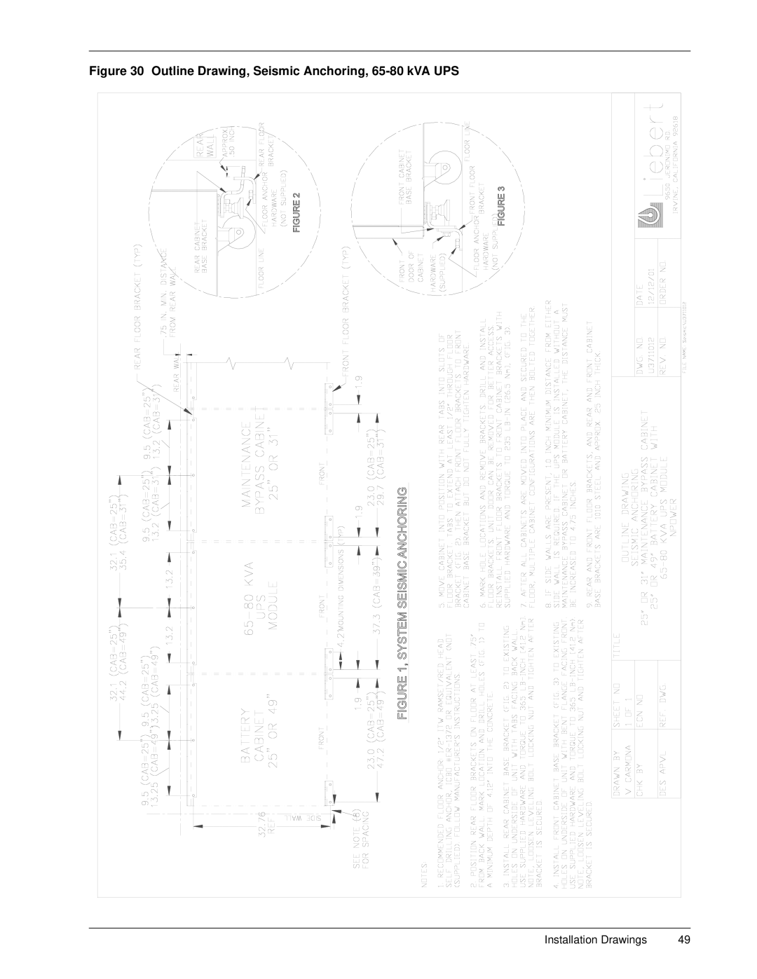 Emerson 30-130 kVA installation manual Outline Drawing, Seismic Anchoring, 65-80 kVA UPS 