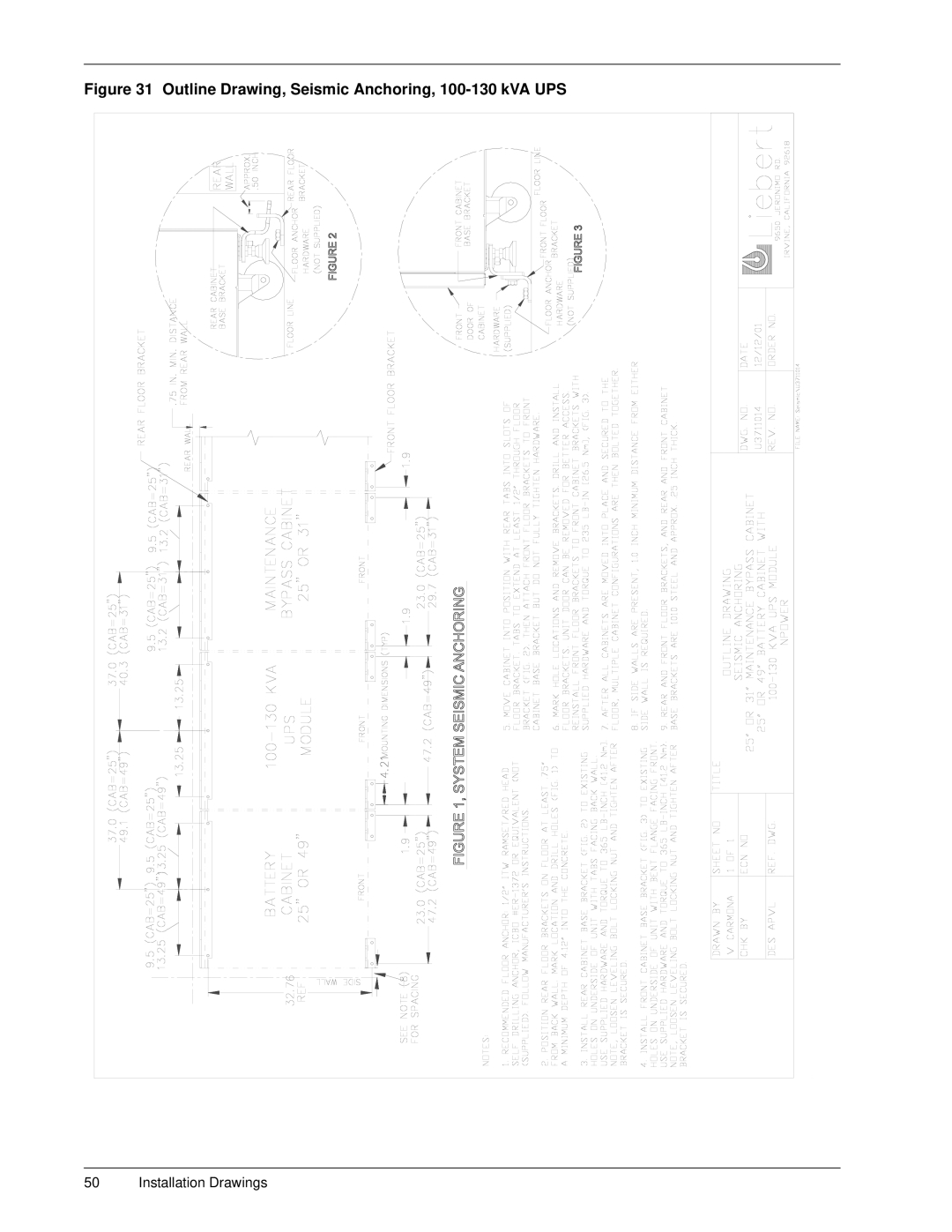 Emerson 30-130 kVA installation manual Outline Drawing, Seismic Anchoring, 100-130 kVA UPS 