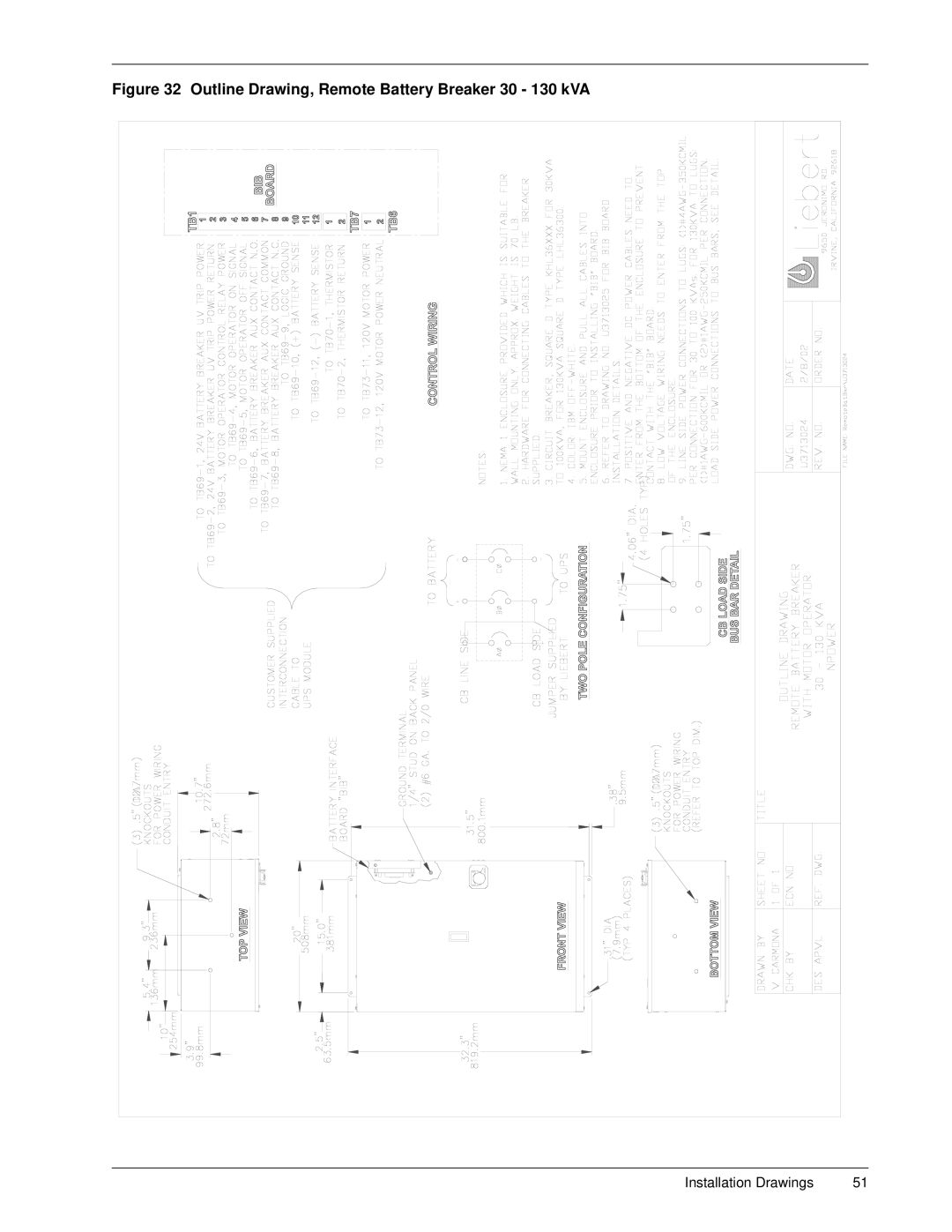 Emerson 30-130 kVA installation manual Outline Drawing, Remote Battery Breaker 30 130 kVA 