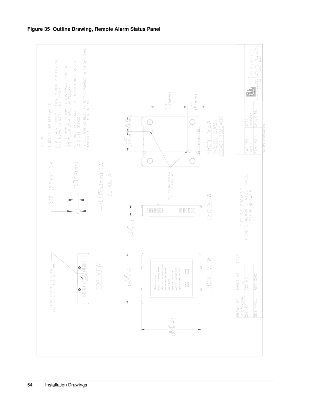 Emerson 30-130 kVA installation manual Outline Drawing, Remote Alarm Status Panel 