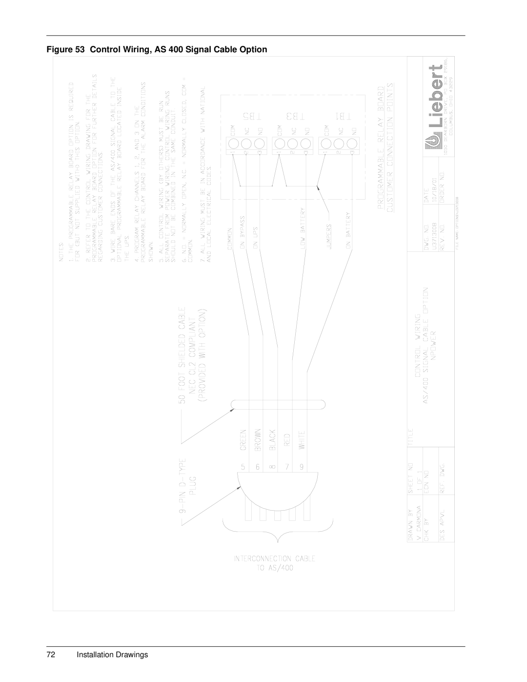 Emerson 30-130 kVA installation manual Control Wiring, AS 400 Signal Cable Option 