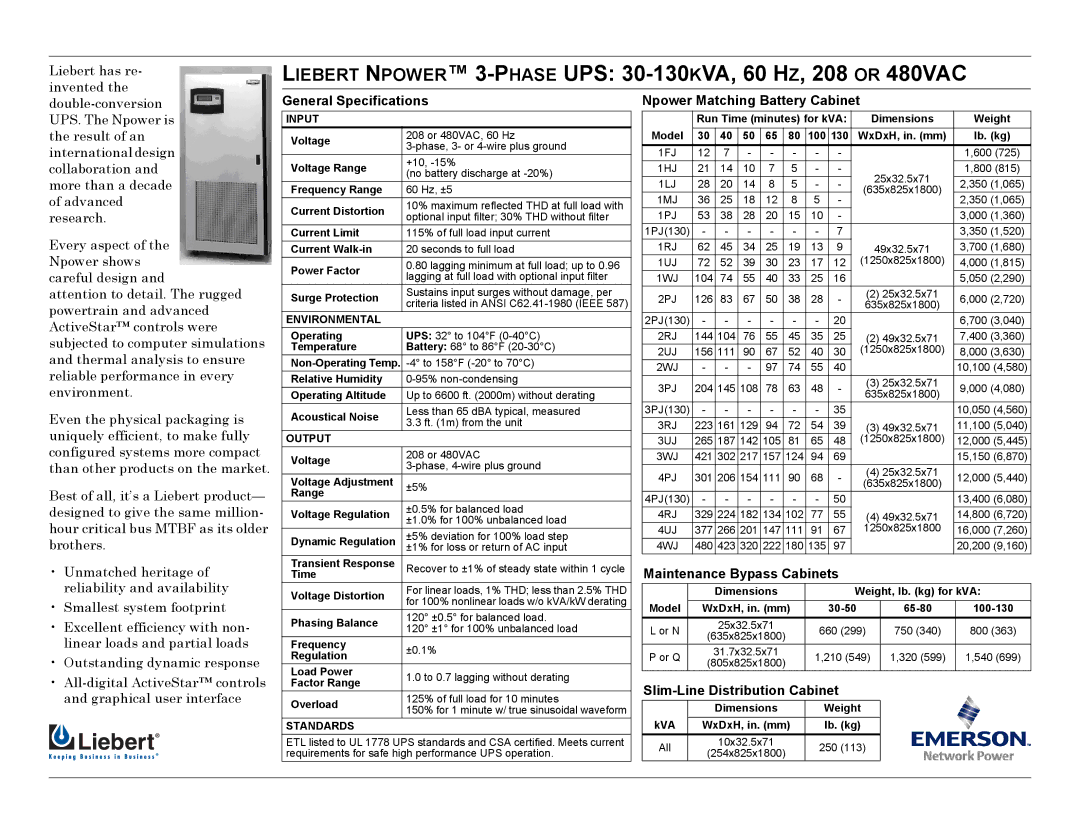 Emerson 30-130KVA specifications General Specifications, Npower Matching Battery Cabinet, Maintenance Bypass Cabinets 