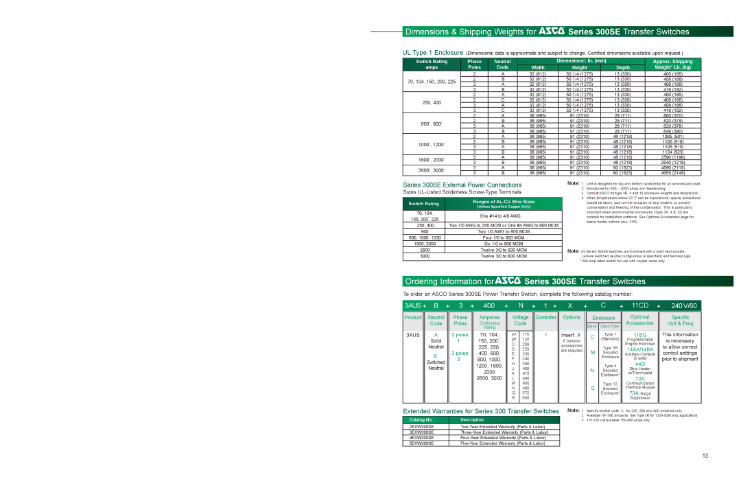 Emerson 300 Series manual Ordering Information for Series 300SE Transfer Switches, Series 300SE External Power Connections 