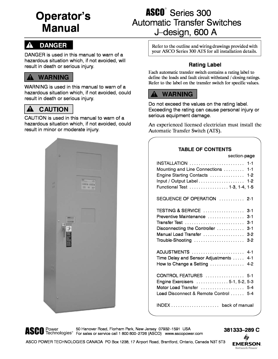 Emerson 300 manual Rating Label, 381333-201 G, Table Of Contents, Operator’s Manual, H-design, 600 through 1200 A 