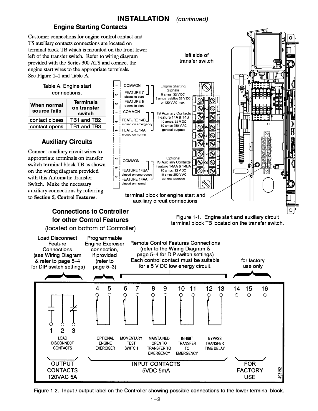 Emerson 300 manual Engine Starting Contacts, Auxiliary Circuits, Connections to Controller, located on bottom of Controller 