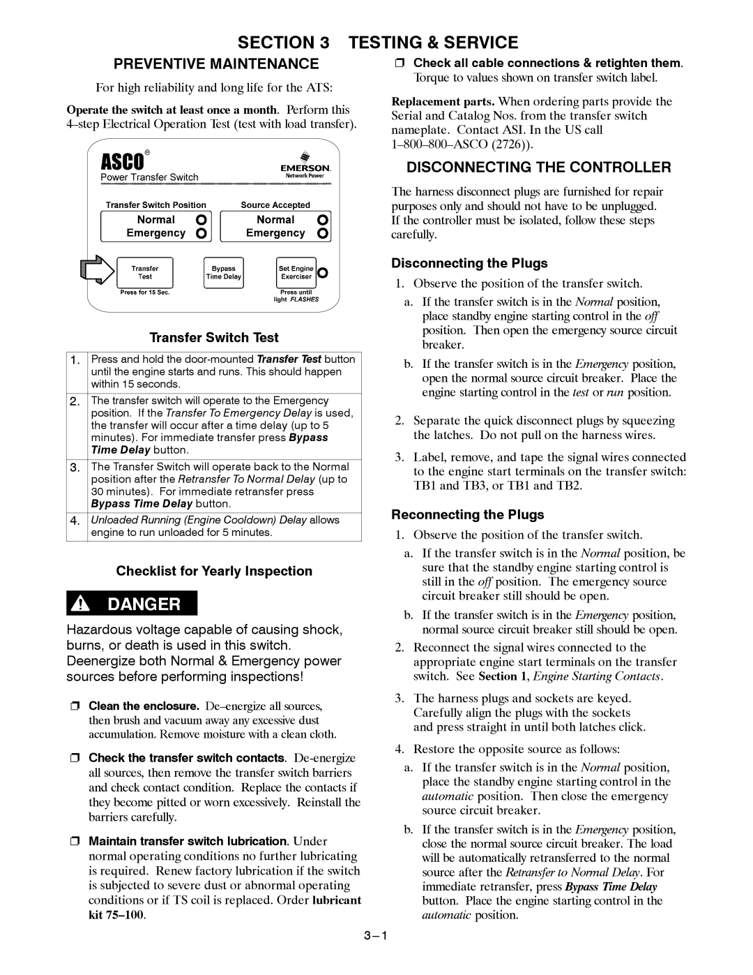 Emerson 300 manual Testing & Service, Preventive Maintenance, Disconnecting the Controller 