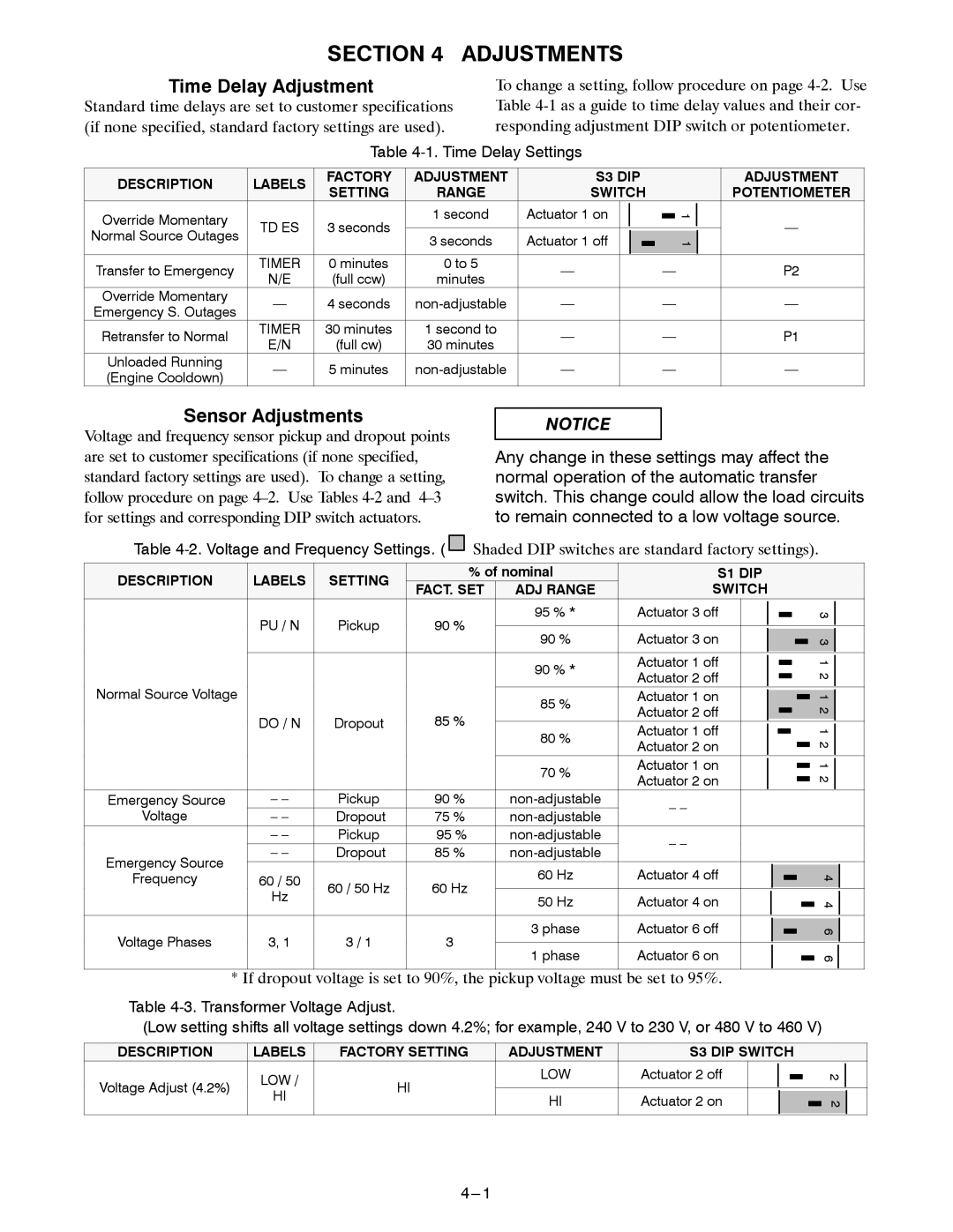 Emerson 300 manual Time Delay Adjustment, Sensor Adjustments, Time Delay Settings, Voltage and Frequency Settings 