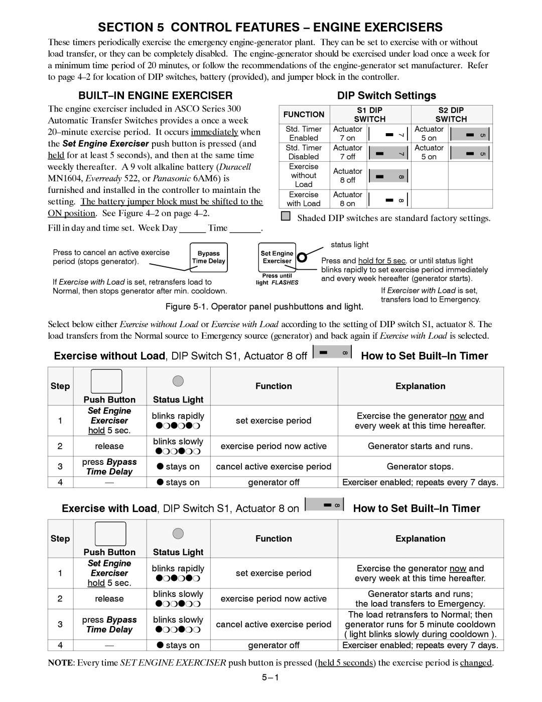 Emerson 300 Control Features Engine Exercisers, BUILT-IN Engine Exerciser, DIP Switch Settings, How to Set Built-In Timer 