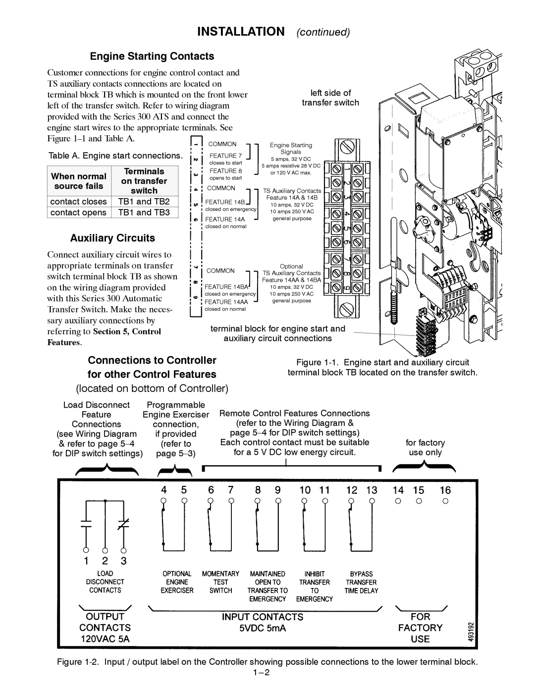 Emerson 300 manual Installation, Engine Starting Contacts, Auxiliary Circuits 