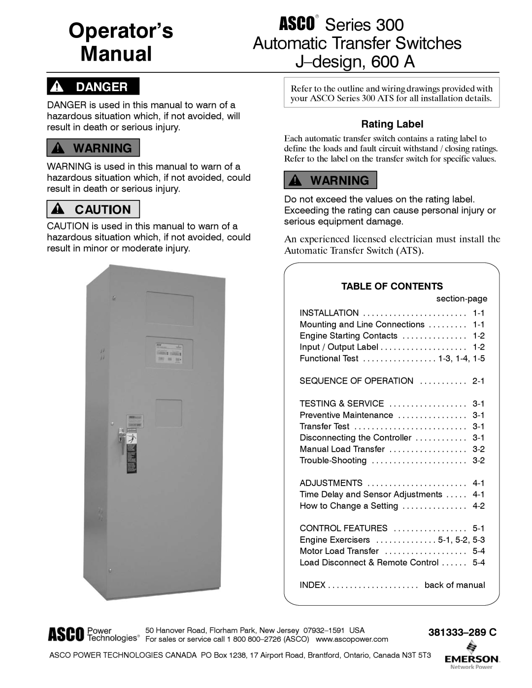 Emerson 300 manual Operator’s Manual, Rating Label 