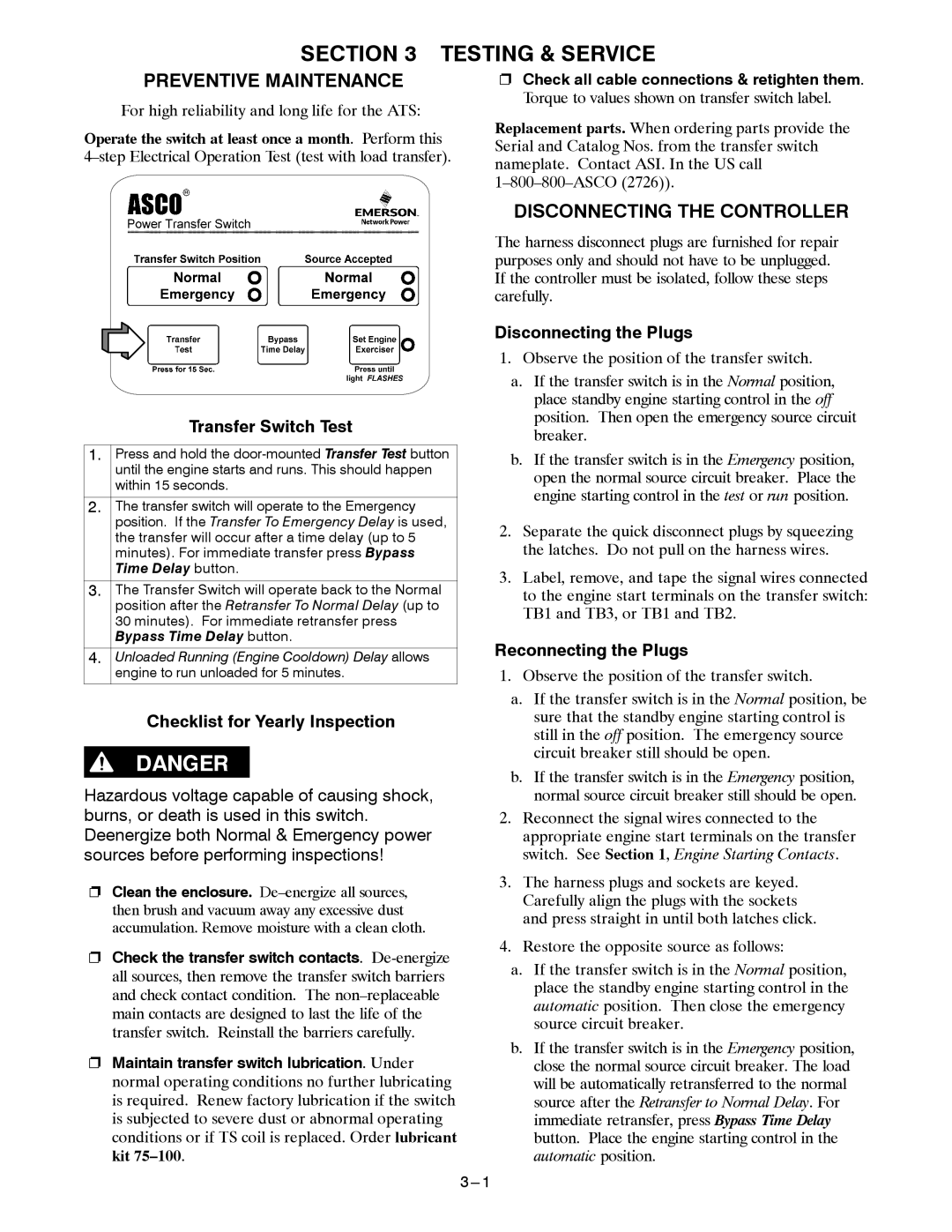 Emerson 300 manual Testing & Service, Preventive Maintenance, Disconnecting the Controller 