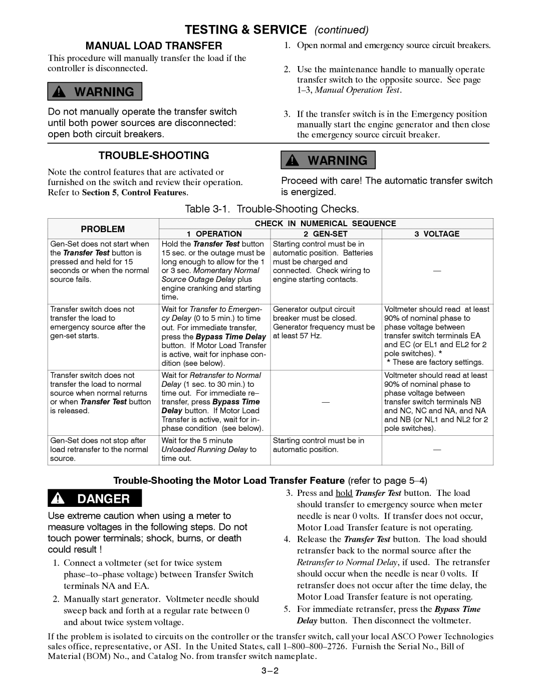 Emerson 300 manual Testing & Service, Manual Load Transfer, Trouble-Shooting 