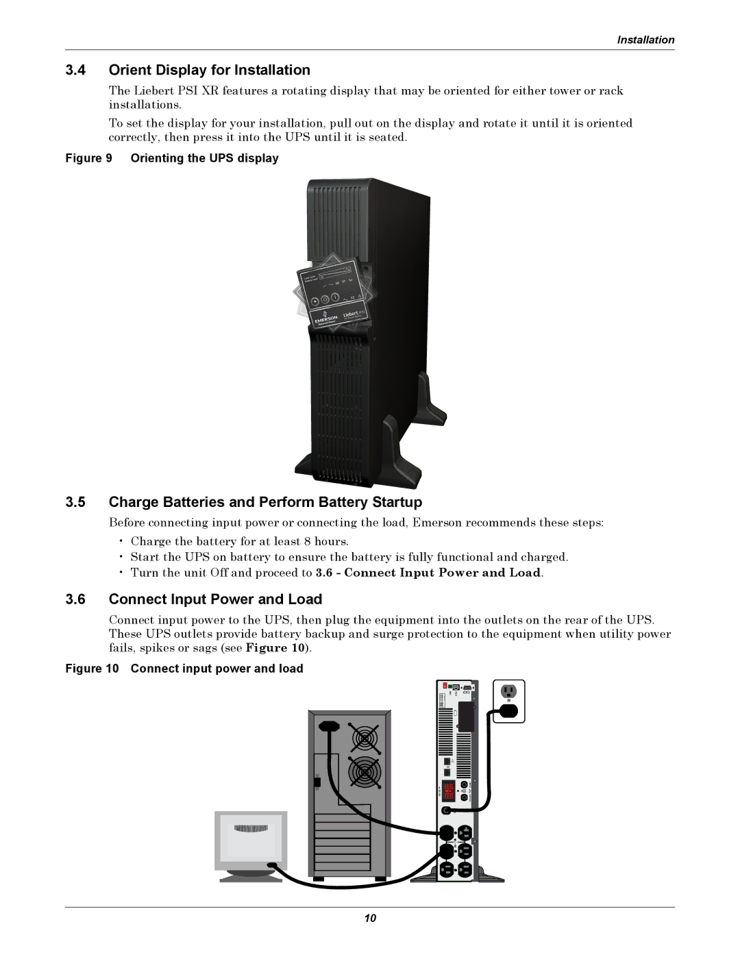 Emerson 1000 Orient Display for Installation, Charge Batteries and Perform Battery Startup, Connect Input Power and Load 