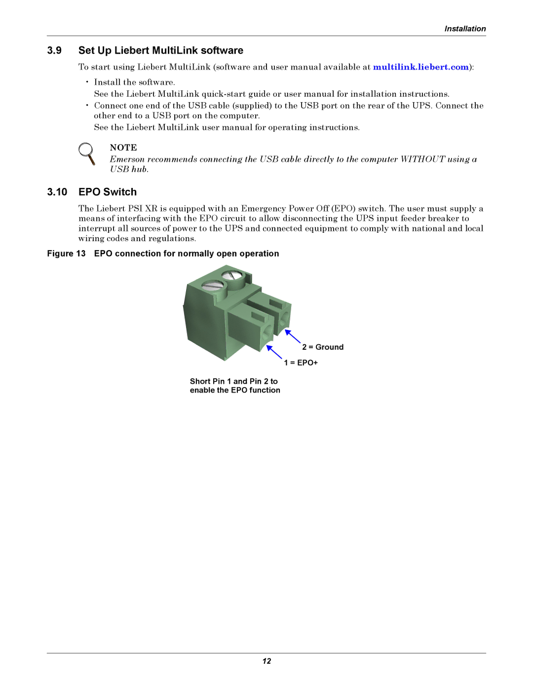 Emerson 3000, 1500, 1000, 2200 user manual Set Up Liebert MultiLink software, EPO Switch 