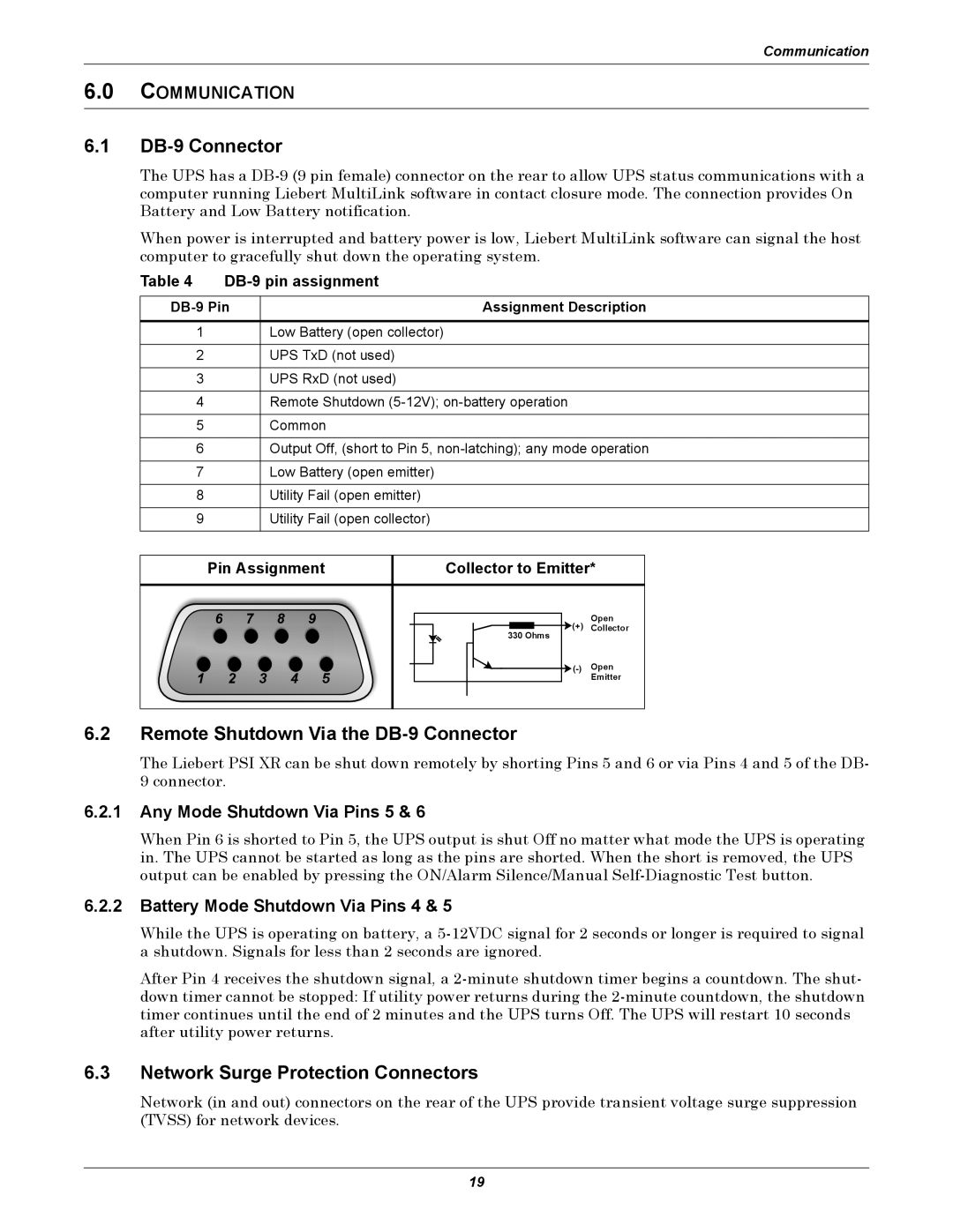 Emerson 2200, 3000, 1500 Remote Shutdown Via the DB-9 Connector, Network Surge Protection Connectors, Communication 