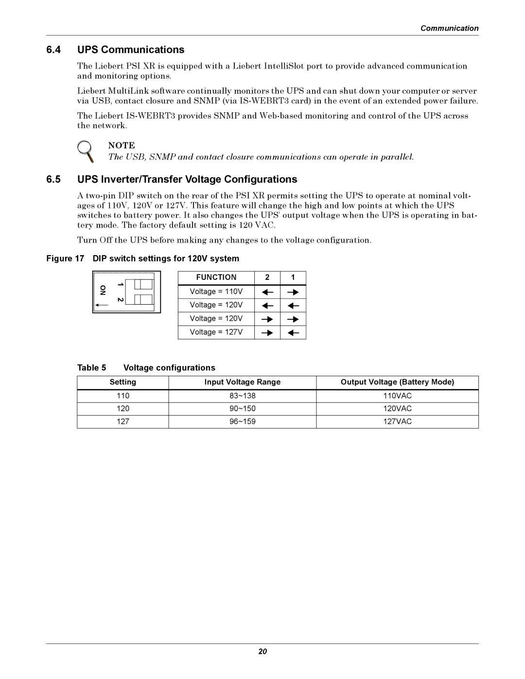 Emerson 3000, 1500, 1000, 2200 UPS Communications, UPS Inverter/Transfer Voltage Configurations, Voltage configurations 