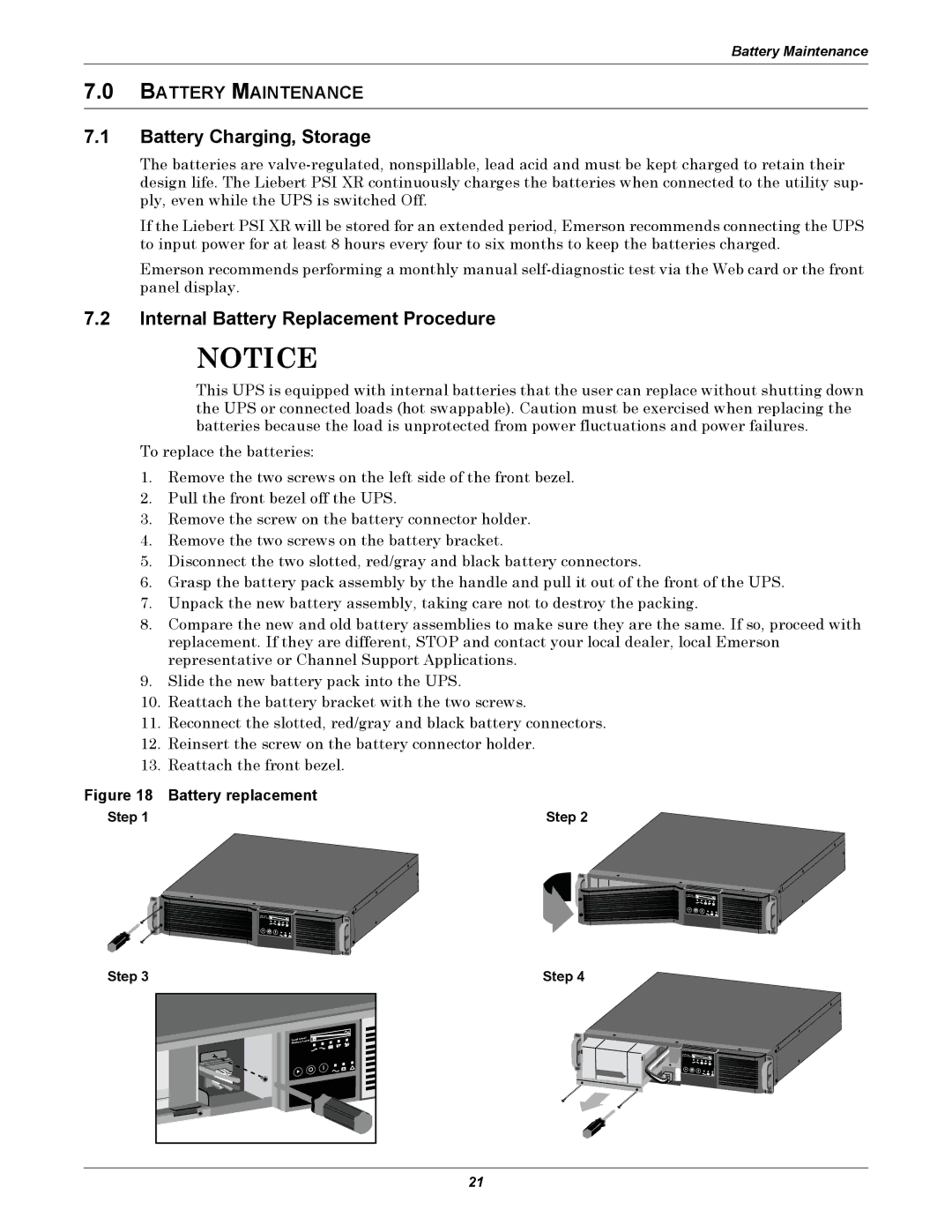 Emerson 1500, 3000, 1000, 2200 Battery Charging, Storage, Internal Battery Replacement Procedure, Battery Maintenance 