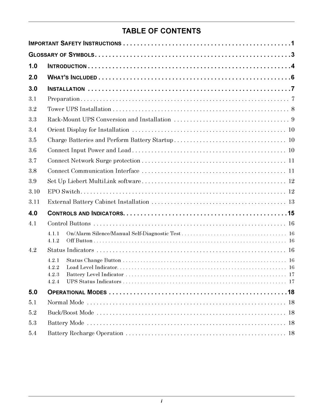 Emerson 2200, 3000, 1500, 1000 user manual Table of Contents 