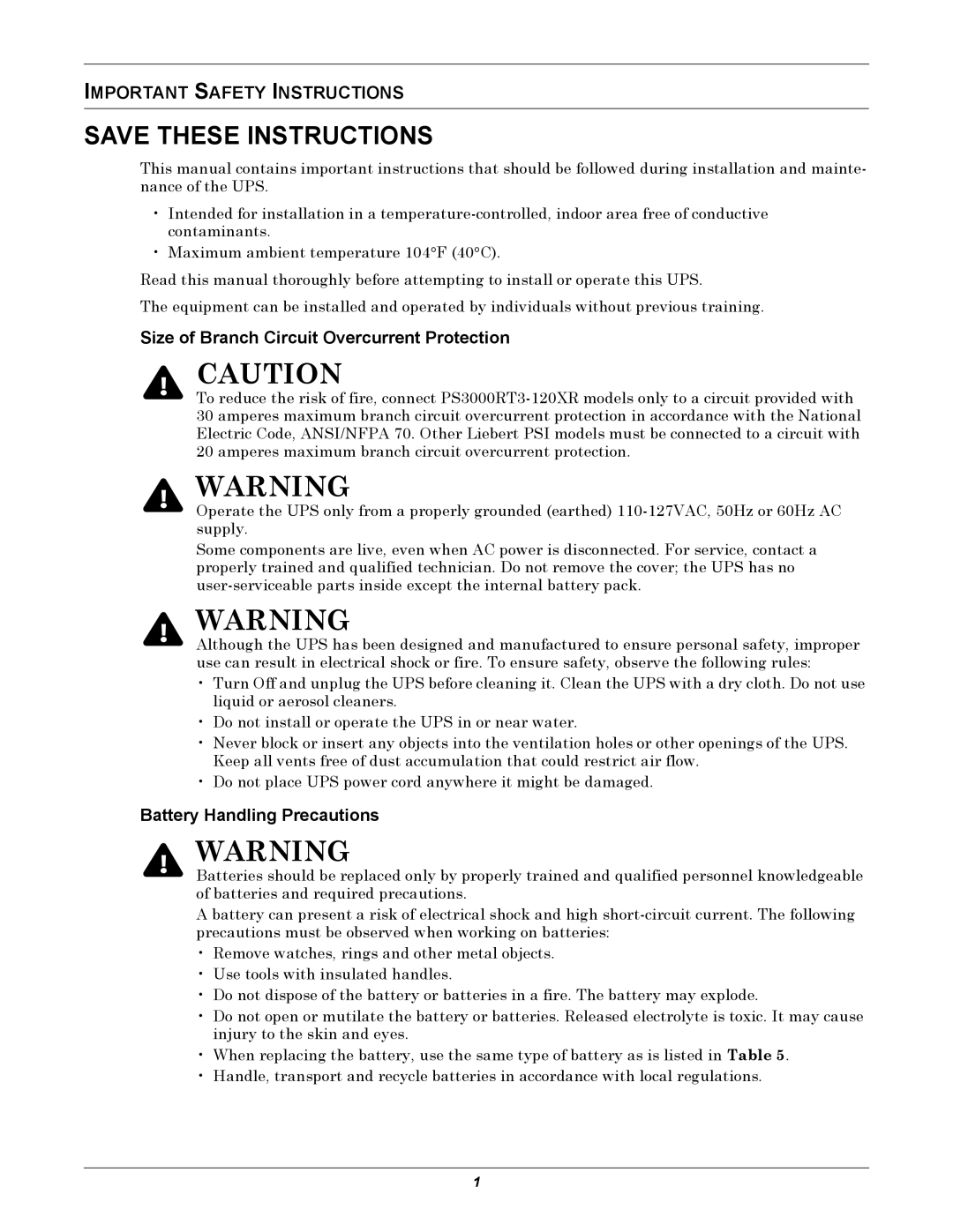 Emerson 1500, 3000, 1000, 2200 user manual Important Safety Instructions, Size of Branch Circuit Overcurrent Protection 