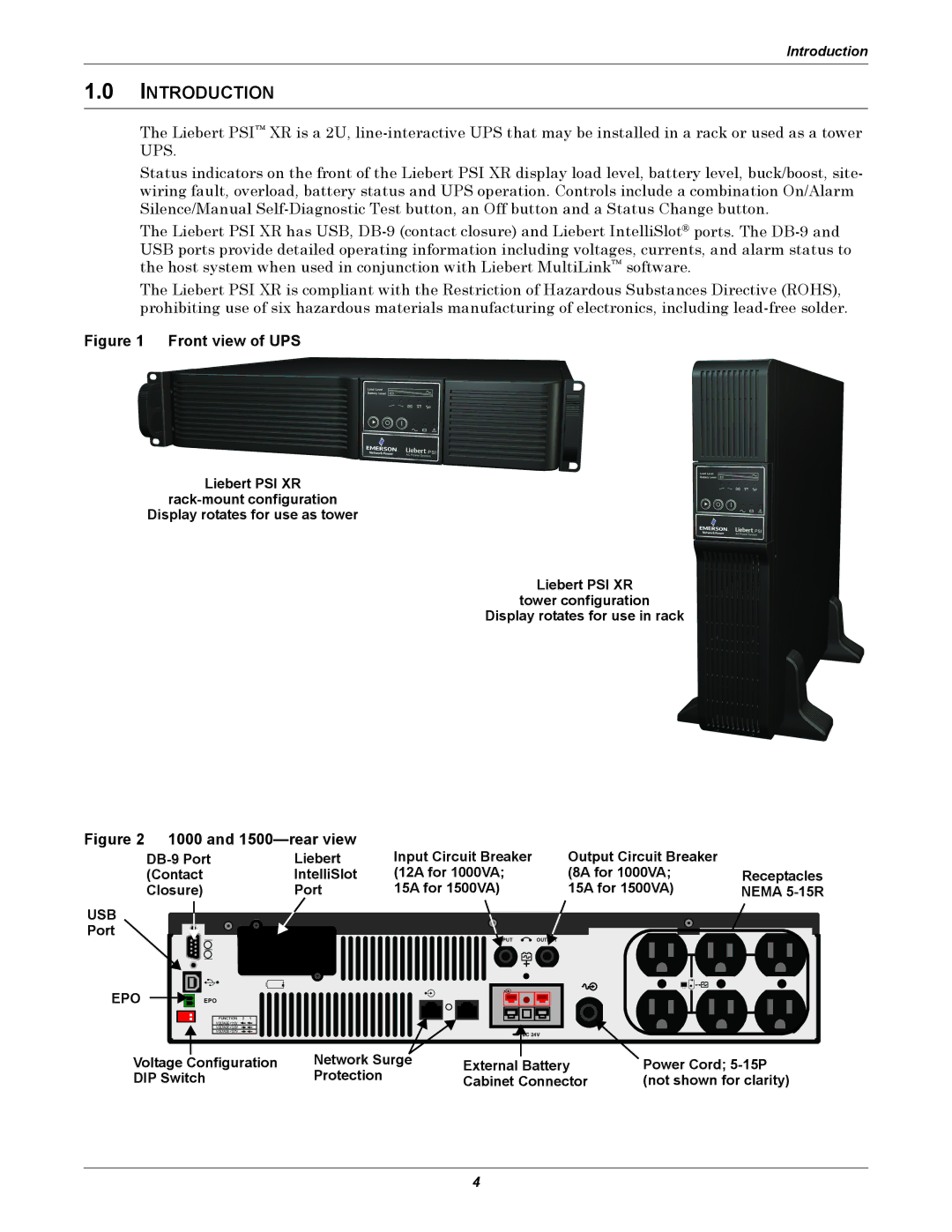 Emerson 3000, 1000, 2200 user manual Introduction, Closure Port 15A for 1500VA Nema 5-15R 