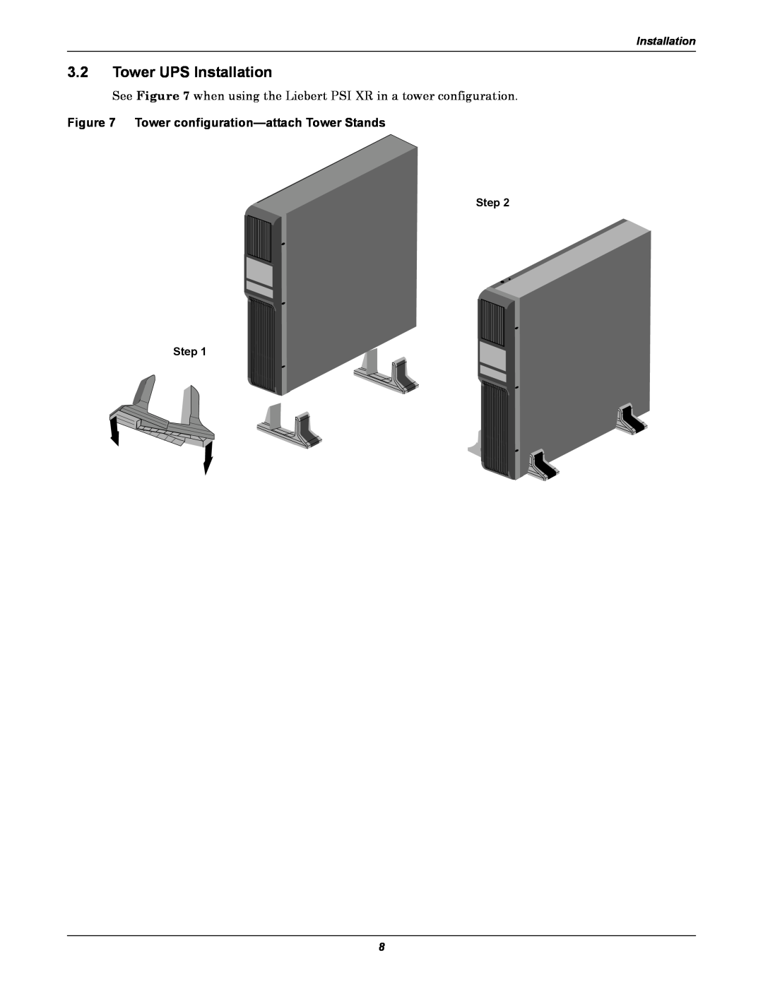 Emerson 3000, 1500, 1000, 2200 user manual 3.2Tower UPS Installation, Tower configuration—attachTower Stands 