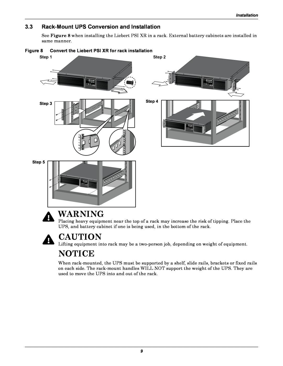 Emerson 1500, 3000, 1000, 2200 user manual Notice, 3.3Rack-MountUPS Conversion and Installation 