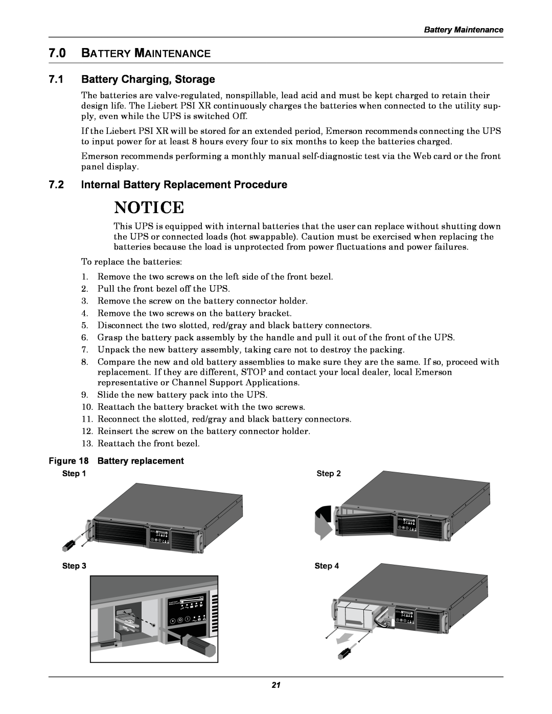 Emerson 1500, 3000 Notice, 7.1Battery Charging, Storage, 7.2Internal Battery Replacement Procedure, 7.0BATTERY MAINTENANCE 