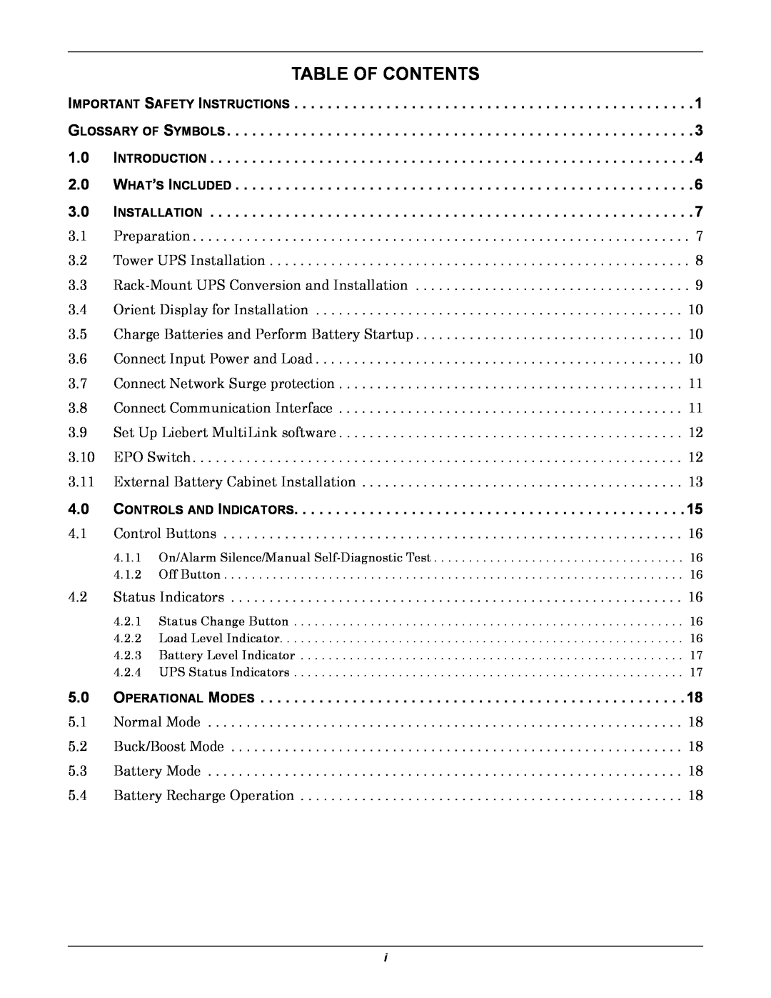 Emerson 2200, 3000, 1500, 1000 user manual Table Of Contents 