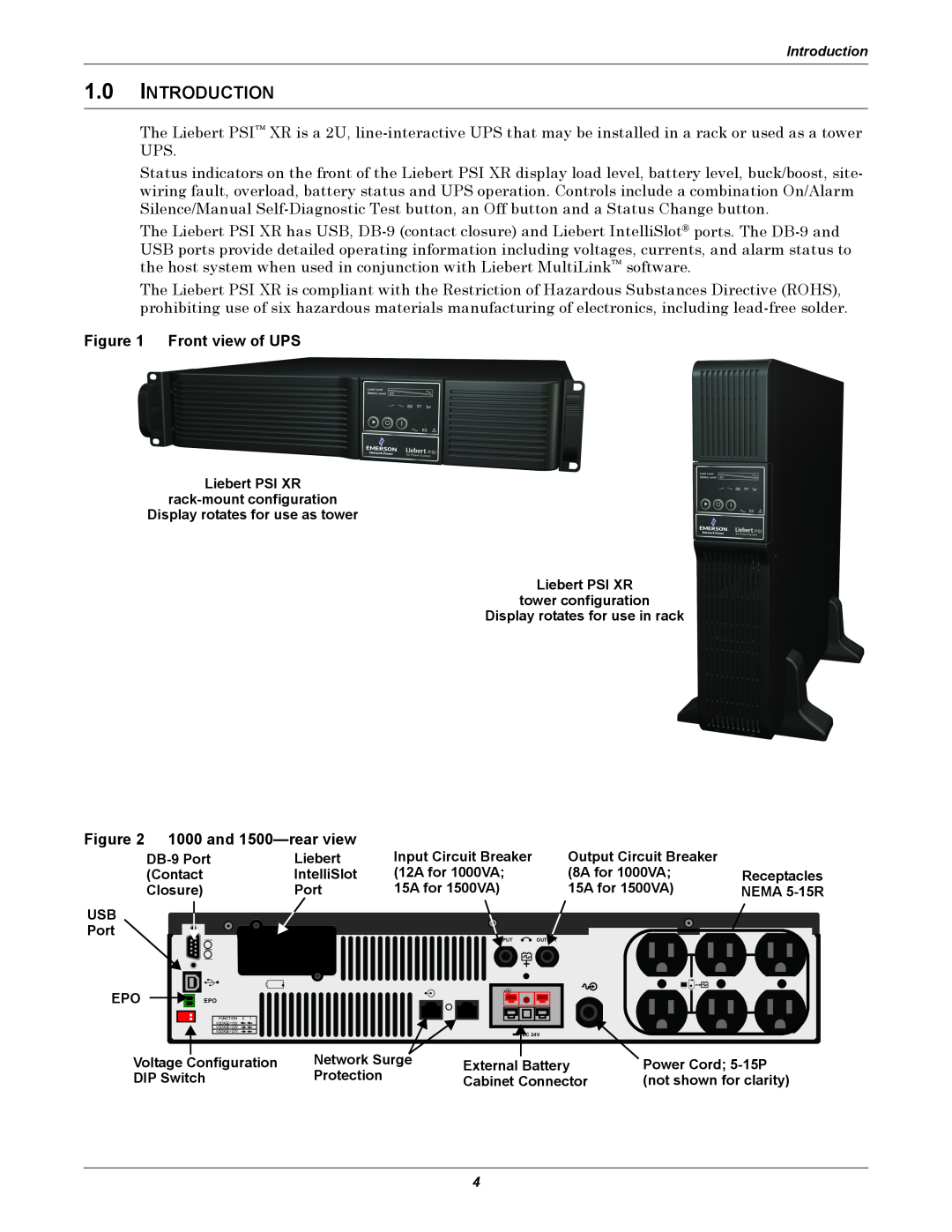 Emerson 3000, 2200 user manual 1.0INTRODUCTION, Front view of UPS, 1000 and 1500—rearview 