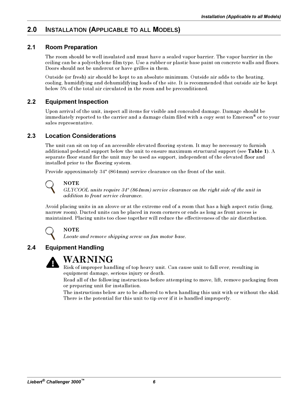 Emerson 3000 installation manual Room Preparation, Equipment Inspection, Location Considerations, Equipment Handling 