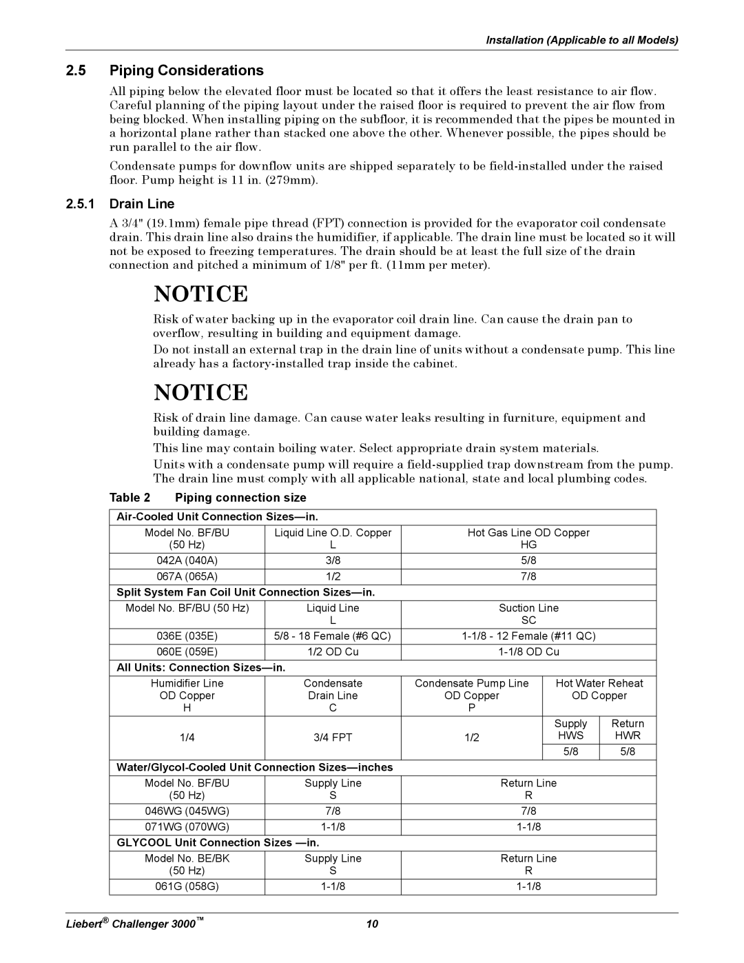 Emerson 3000 installation manual Piping Considerations, Drain Line, Piping connection size 