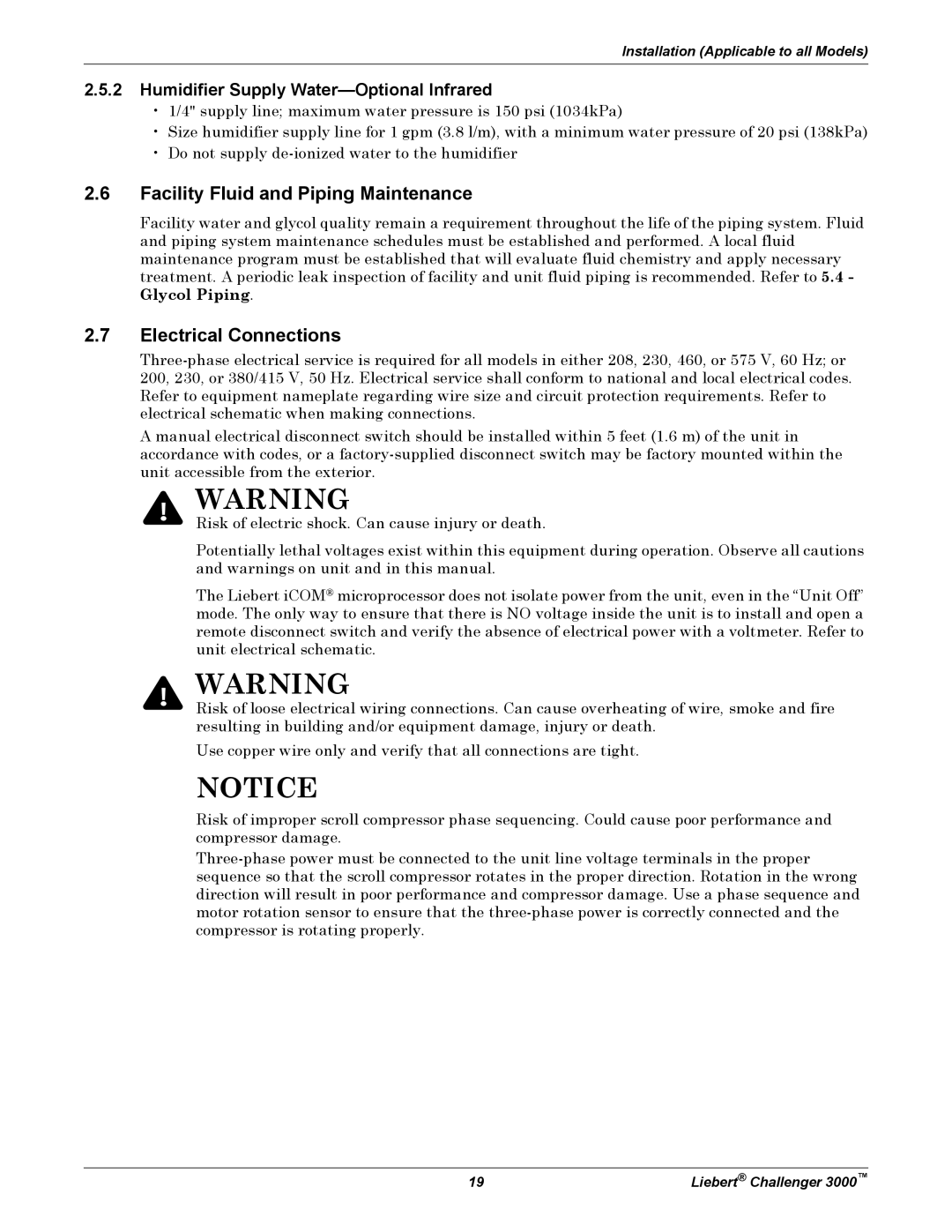 Emerson 3000 Facility Fluid and Piping Maintenance, Electrical Connections, Humidifier Supply Water-Optional Infrared 