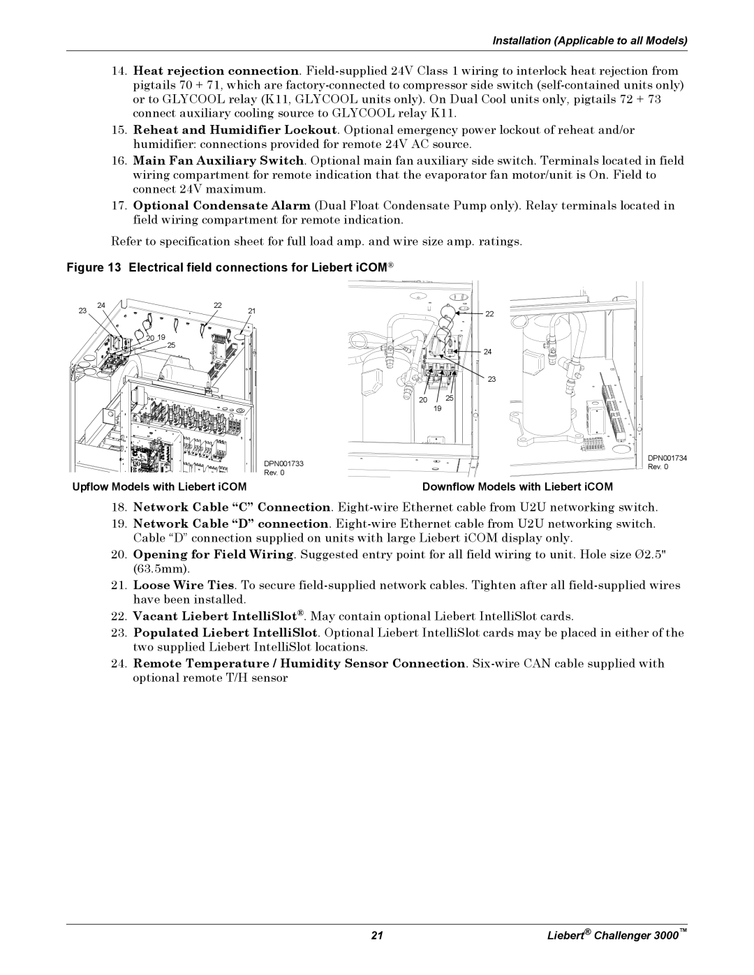 Emerson 3000 installation manual Upflow Models with Liebert iCOM, Downflow Models with Liebert iCOM 