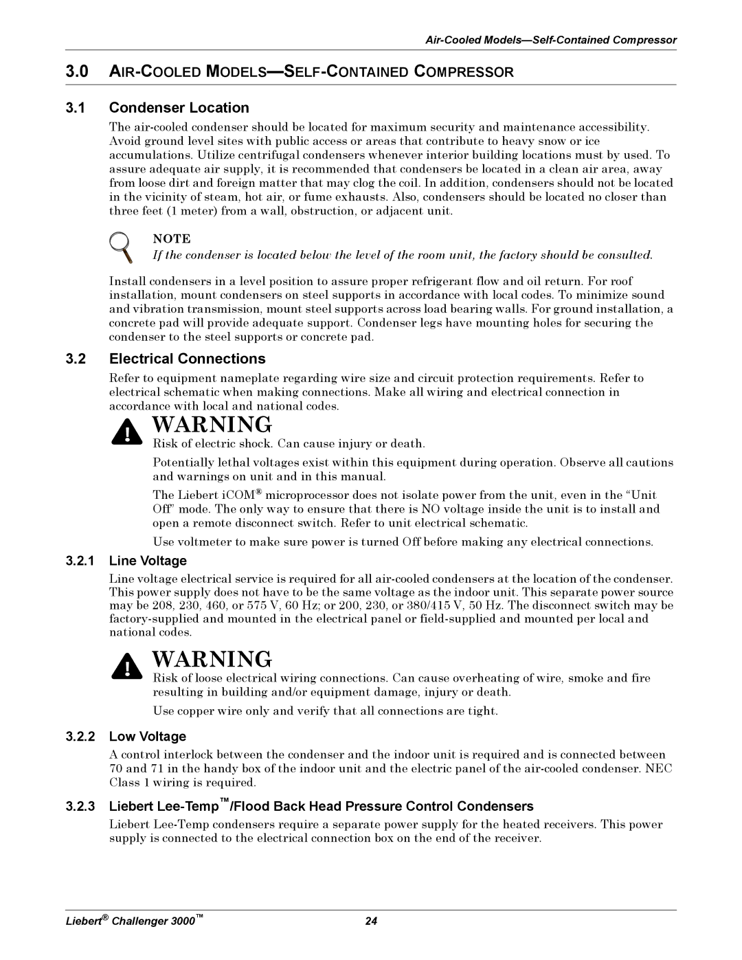 Emerson 3000 installation manual Condenser Location, Line Voltage, Low Voltage 