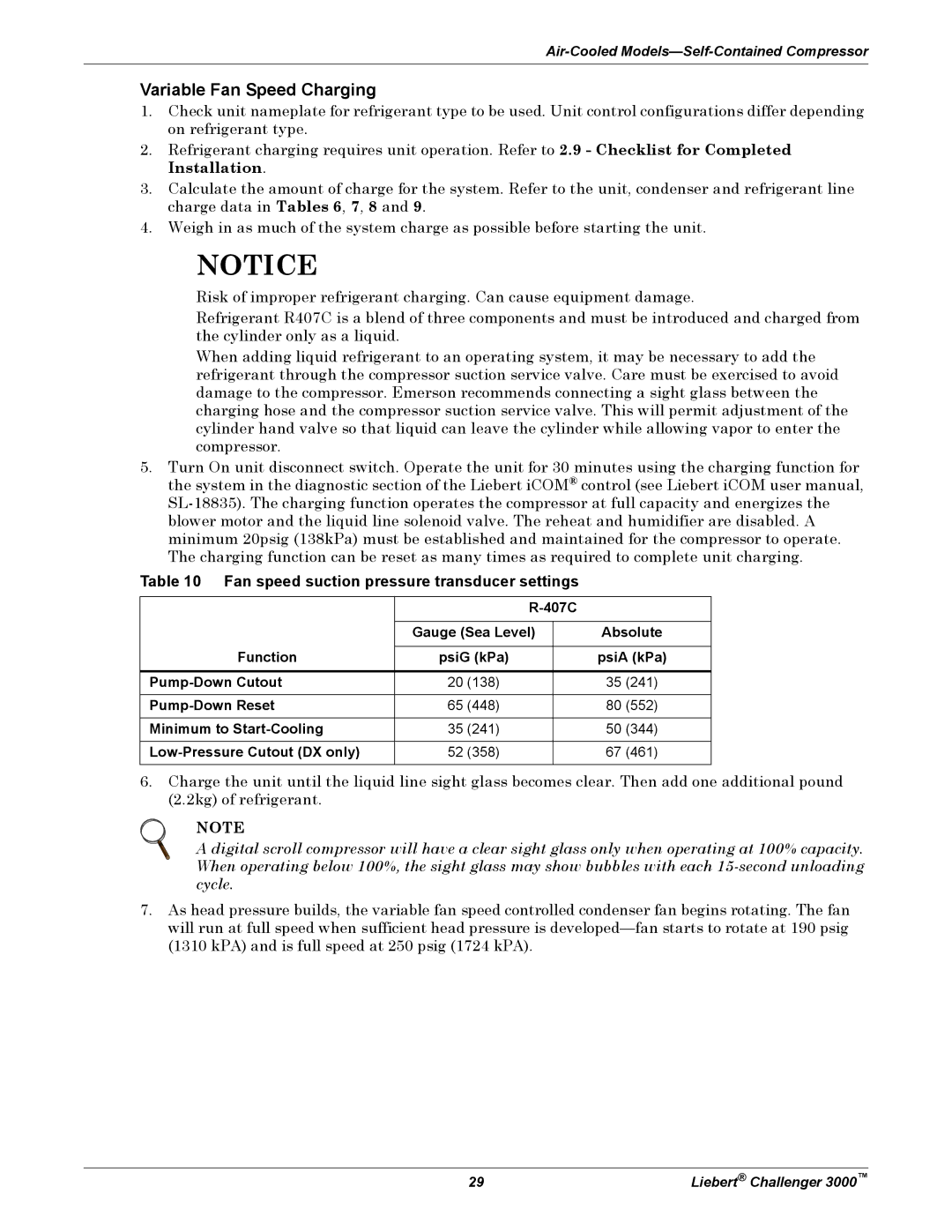 Emerson 3000 installation manual Variable Fan Speed Charging, Fan speed suction pressure transducer settings 